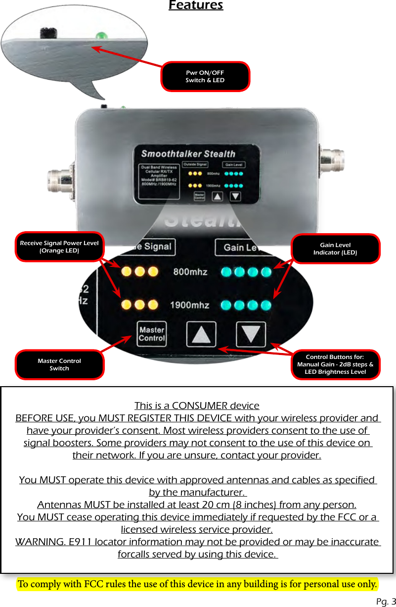 FeaturesGain Level Indicator (LED)Pwr ON/OFF Switch &amp; LEDReceive Signal Power Level(Orange LED)Control Buttons for: Manual Gain - 2dB steps &amp; LED Brightness LevelMaster Control SwitchPg. 3This is a CONSUMER deviceBEFORE USE, you MUST REGISTER THIS DEVICE with your wireless provider and have your provider&rsquo;s consent. Most wireless providers consent to the use of signal boosters. Some providers may not consent to the use of this device on their network. If you are unsure, contact your provider.You MUST operate this device with approved antennas and cables as specified by the manufacturer. Antennas MUST be installed at least 20 cm (8 inches) from any person.You MUST cease operating this device immediately if requested by the FCC or a licensed wireless service provider.WARNING. E911 locator information may not be provided or may be inaccurate forcalls served by using this device. To comply with FCC rules the use of this device in any building is for personal use only.