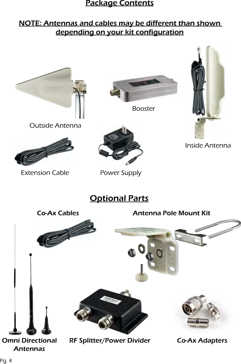 Package ContentsNOTE: Antennas and cables may be different than shown  depending on your kit configurationPg. 4Outside AntennaInside AntennaBoosterExtension Cable Power SupplyOptional PartsOmni DirectionalAntennasCo-Ax Cables Antenna Pole Mount KitRF Splitter/Power Divider Co-Ax Adapters