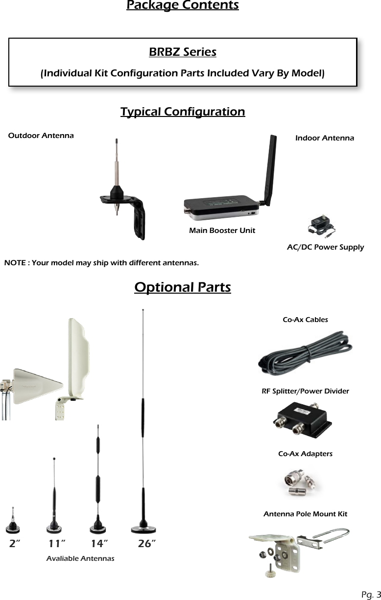 Package ContentsTypical ConfigurationPg. 3AC/DC Power SupplyIndoor AntennaOutdoor AntennaMain Booster UnitOptional PartsCo-Ax CablesRF Splitter/Power DividerCo-Ax Adapters2&rdquo; 11&rdquo; 14&rdquo; 26&rdquo;Avaliable AntennasAntenna Pole Mount KitBRBZ Series (Individual Kit Configuration Parts Included Vary By Model)NOTE : Your model may ship with different antennas.