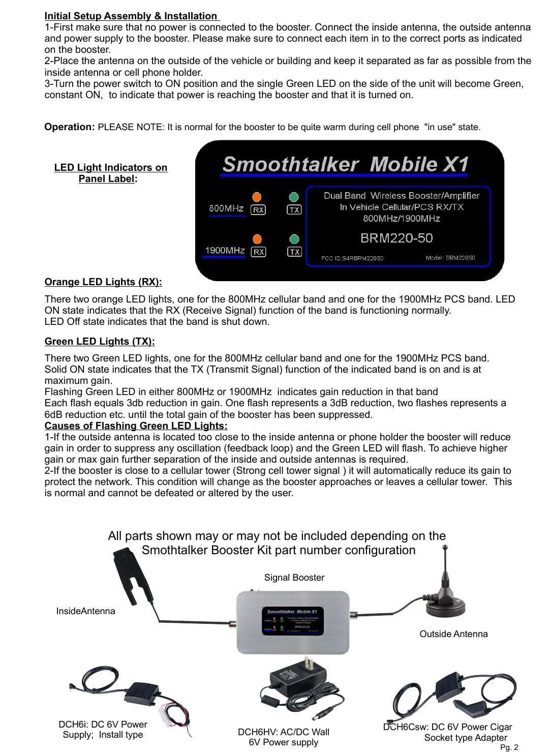 All parts shown may or may not be included depending on the Smothtalker Booster Kit part number configurationDCH6i: DC 6V Power Supply;  Install typeSignal BoosterOutside AntennaDCH6Csw: DC 6V Power Cigar                Socket type Adapter Initial Setup Assembly &amp; Installation 1-First make sure that no power is connected to the booster. Connect the inside antenna, the outside antenna and power supply to the booster. Please make sure to connect each item in to the correct ports as indicated on the booster.2-Place the antenna on the outside of the vehicle or building and keep it separated as far as possible from the inside antenna or cell phone holder.3-Turn the power switch to ON position and the single Green LED on the side of the unit will become Green, constant ON,  to indicate that power is reaching the booster and that it is turned on. Operation: PLEASE NOTE: It is normal for the booster to be quite warm during cell phone  "in use" state.LED Light Indicators on Panel Label:  There two orange LED lights, one for the 800MHz cellular band and one for the 1900MHz PCS band. LED ON state indicates that the RX (Receive Signal) function of the band is functioning normally.LED Off state indicates that the band is shut down.There two Green LED lights, one for the 800MHz cellular band and one for the 1900MHz PCS band. Solid ON state indicates that the TX (Transmit Signal) function of the indicated band is on and is at maximum gain.Flashing Green LED in either 800MHz or 1900MHz  indicates gain reduction in that band Each flash equals 3db reduction in gain. One flash represents a 3dB reduction, two flashes represents a 6dB reduction etc. until the total gain of the booster has been suppressed. Causes of Flashing Green LED Lights: 1-If the outside antenna is located too close to the inside antenna or phone holder the booster will reduce gain in order to suppress any oscillation (feedback loop) and the Green LED will flash. To achieve higher gain or max gain further separation of the inside and outside antennas is required.2-If the booster is close to a cellular tower (Strong cell tower signal ) it will automatically reduce its gain to protect the network. This condition will change as the booster approaches or leaves a cellular tower.  This is normal and cannot be defeated or altered by the user.Green LED Lights (TX):Orange LED Lights (RX):Pg. 2DCH6HV: AC/DC Wall 6V Power supply InsideAntenna 