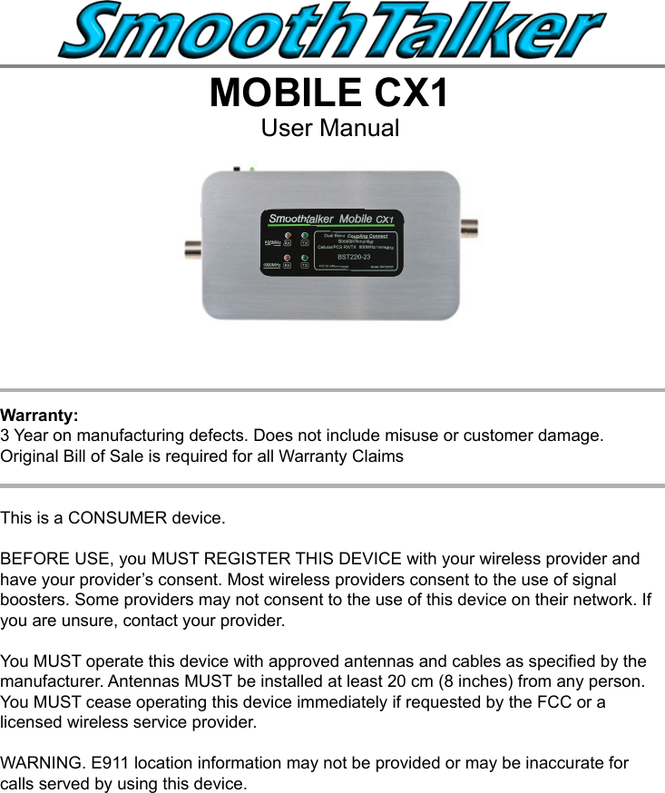 Page 1 of Mobile Communications BST22023 Consumer Wide-band Coupling Booster User Manual 2