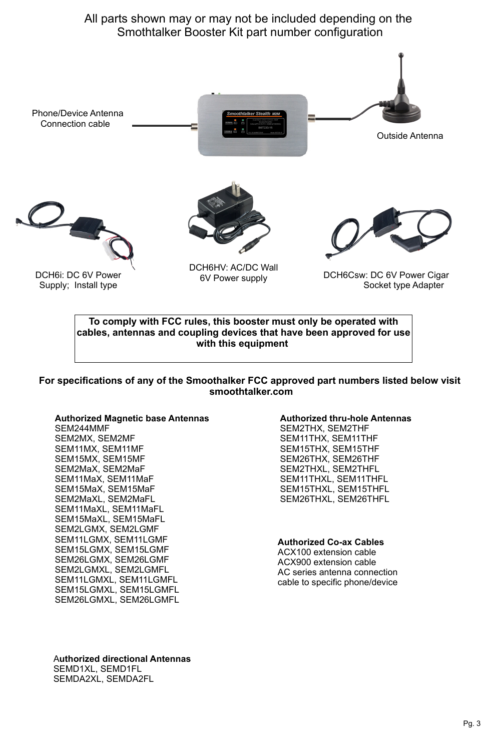 All parts shown may or may not be included depending on the Smothtalker Booster Kit part number configurationDCH6i: DC 6V Power Supply;  Install typeSignal Booster Outside AntennaDCH6Csw: DC 6V Power Cigar                Socket type Adapter Pg. 3 Phone/Device Antenna Connection cable To comply with FCC rules, this booster must only be operated with cables, antennas and coupling devices that have been approved for use with this equipment Authorized Co-ax CablesACX100 extension cableACX900 extension cableAC series antenna connection cable to specific phone/deviceFor specifications of any of the Smoothalker FCC approved part numbers listed below visit smoothtalker.comAuthorized Magnetic base AntennasSEM244MMFSEM2MX, SEM2MFSEM11MX, SEM11MFSEM15MX, SEM15MFSEM2MaX, SEM2MaFSEM11MaX, SEM11MaFSEM15MaX, SEM15MaFSEM2MaXL, SEM2MaFLSEM11MaXL, SEM11MaFLSEM15MaXL, SEM15MaFLSEM2LGMX, SEM2LGMFSEM11LGMX, SEM11LGMFSEM15LGMX, SEM15LGMFSEM26LGMX, SEM26LGMFSEM2LGMXL, SEM2LGMFLSEM11LGMXL, SEM11LGMFLSEM15LGMXL, SEM15LGMFLSEM26LGMXL, SEM26LGMFLAuthorized thru-hole AntennasSEM2THX, SEM2THFSEM11THX, SEM11THFSEM15THX, SEM15THFSEM26THX, SEM26THFSEM2THXL, SEM2THFLSEM11THXL, SEM11THFLSEM15THXL, SEM15THFLSEM26THXL, SEM26THFLAuthorized directional AntennasSEMD1XL, SEMD1FLSEMDA2XL, SEMDA2FLDCH6HV: AC/DC Wall 6V Power supply 