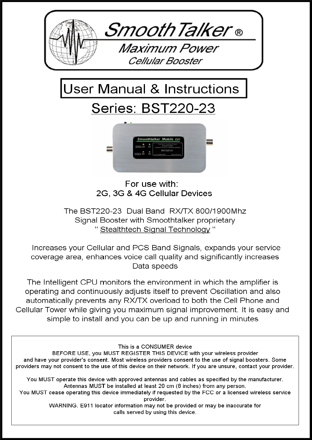 Mobile Communications BST22030 Dual Band Bi-directional Booster User ...