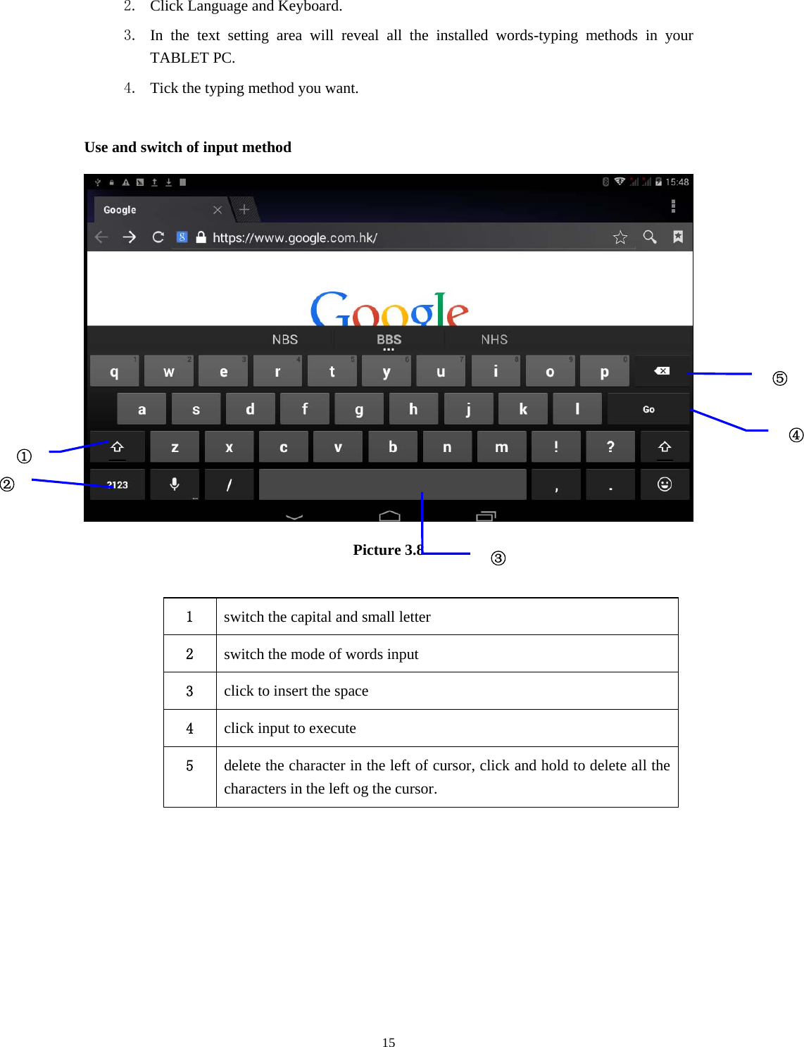     152. Click Language and Keyboard. 3. In the text setting area will reveal all the installed words-typing methods in your TABLET PC.   4. Tick the typing method you want.  Use and switch of input method  Picture 3.8  1  switch the capital and small letter   2  switch the mode of words input   3  click to insert the space 4  click input to execute 5  delete the character in the left of cursor, click and hold to delete all the characters in the left og the cursor.      ①②③⑤④