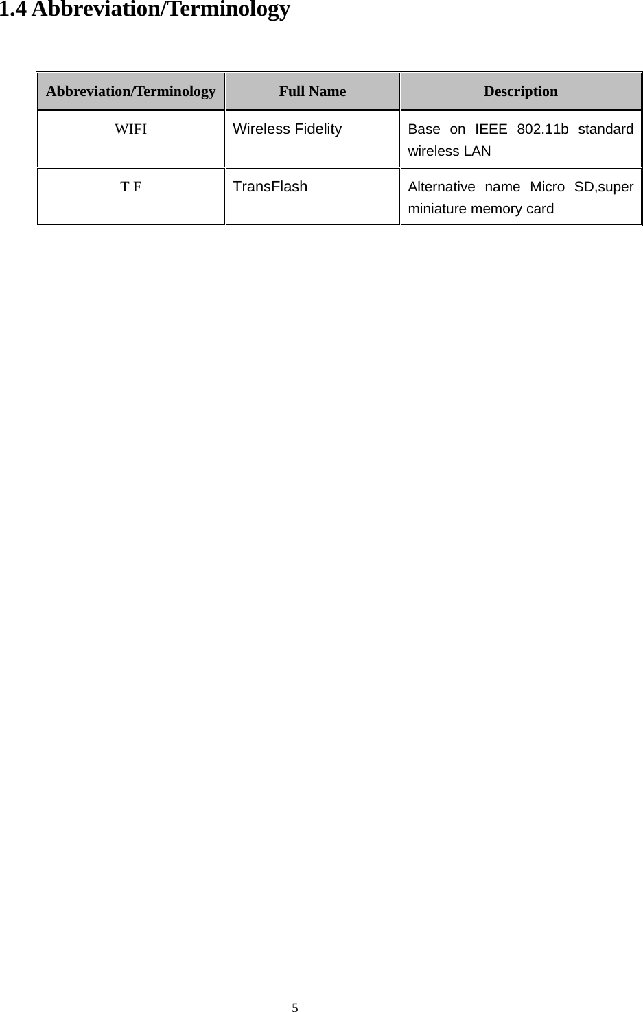     51.4 Abbreviation/Terminology  Abbreviation/Terminology  Full Name  Description WIFI  Wireless Fidelity Base on IEEE 802.11b standard wireless LAN T F  TransFlash  Alternative name Micro SD,super miniature memory card       
