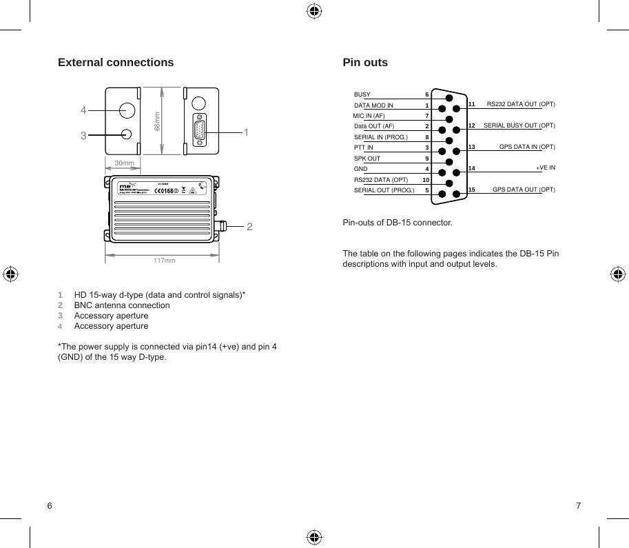 6 7External connections1  HD 15-way d-type (data and control signals)* 2  BNC antenna connection3  Accessory aperture4  Accessory aperture*The power supply is connected via pin14 (+ve) and pin 4 (GND) of the 15 way D-type. Pin outsPin-outs of DB-15 connector.The table on the following pages indicates the DB-15 Pin descriptions with input and output levels.DATA MOD IN 12345678910Data OUT (AF)PTT INGNDSERIAL OUT (PROG.)BUSYMIC IN (AF)SERIAL IN (PROG.)SPK OUTRS232 DATA (OPT)1112131415RS232 DATA OUT (OPT)SERIAL BUSY OUT (OPT)GPS DATA IN (OPT)+VE INGPS DATA OUT (OPT)66mm30mm117mm4123e11 034663