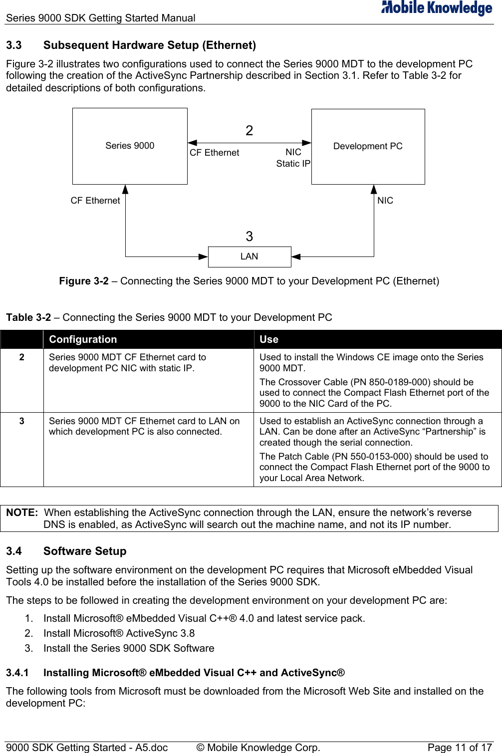 Series 9000 SDK Getting Started Manual   3.3  Subsequent Hardware Setup (Ethernet) Figure 3-2 illustrates two configurations used to connect the Series 9000 MDT to the development PC following the creation of the ActiveSync Partnership described in Section 3.1. Refer to Table 3-2 for detailed descriptions of both configurations. Series 9000 Development PCLANCF Ethernet NICCF Ethernet NICStatic IP23 Figure 3-2 &ndash; Connecting the Series 9000 MDT to your Development PC (Ethernet)  Table 3-2 &ndash; Connecting the Series 9000 MDT to your Development PC  Configuration  Use 2  Series 9000 MDT CF Ethernet card to development PC NIC with static IP. Used to install the Windows CE image onto the Series 9000 MDT. The Crossover Cable (PN 850-0189-000) should be used to connect the Compact Flash Ethernet port of the 9000 to the NIC Card of the PC. 3  Series 9000 MDT CF Ethernet card to LAN on which development PC is also connected. Used to establish an ActiveSync connection through a LAN. Can be done after an ActiveSync &ldquo;Partnership&rdquo; is created though the serial connection. The Patch Cable (PN 550-0153-000) should be used to connect the Compact Flash Ethernet port of the 9000 to your Local Area Network.  NOTE:  When establishing the ActiveSync connection through the LAN, ensure the network&rsquo;s reverse DNS is enabled, as ActiveSync will search out the machine name, and not its IP number. 3.4 Software Setup Setting up the software environment on the development PC requires that Microsoft eMbedded Visual Tools 4.0 be installed before the installation of the Series 9000 SDK. The steps to be followed in creating the development environment on your development PC are: 1.  Install Microsoft&reg; eMbedded Visual C++&reg; 4.0 and latest service pack. 2.  Install Microsoft&reg; ActiveSync 3.8 3.  Install the Series 9000 SDK Software 3.4.1  Installing Microsoft&reg; eMbedded Visual C++ and ActiveSync&reg; The following tools from Microsoft must be downloaded from the Microsoft Web Site and installed on the development PC: 9000 SDK Getting Started - A5.doc    &copy; Mobile Knowledge Corp.  Page 11 of 17 