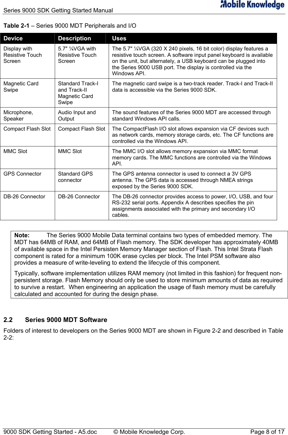 Series 9000 SDK Getting Started Manual   Table 2-1 &ndash; Series 9000 MDT Peripherals and I/O Device  Description  Uses Display with Resistive Touch Screen 5.7" &frac14;VGA with Resistive Touch Screen The 5.7" &frac14;VGA (320 X 240 pixels, 16 bit color) display features a resistive touch screen. A software input panel keyboard is available on the unit, but alternately, a USB keyboard can be plugged into the Series 9000 USB port. The display is controlled via the Windows API. Magnetic Card Swipe Standard Track-I and Track-II Magnetic Card Swipe The magnetic card swipe is a two-track reader. Track-I and Track-II data is accessible via the Series 9000 SDK. Microphone, Speaker Audio Input and Output The sound features of the Series 9000 MDT are accessed through standard Windows API calls.  Compact Flash Slot  Compact Flash Slot  The CompactFlash I/O slot allows expansion via CF devices such as network cards, memory storage cards, etc. The CF functions are controlled via the Windows API. MMC Slot  MMC Slot  The MMC I/O slot allows memory expansion via MMC format memory cards. The MMC functions are controlled via the Windows API. GPS Connector  Standard GPS connector The GPS antenna connector is used to connect a 3V GPS antenna. The GPS data is accessed through NMEA strings exposed by the Series 9000 SDK. DB-26 Connector  DB-26 Connector  The DB-26 connector provides access to power, I/O, USB, and four RS-232 serial ports. Appendix A describes specifies the pin assignments associated with the primary and secondary I/O cables.  Note:  The Series 9000 Mobile Data terminal contains two types of embedded memory. The MDT has 64MB of RAM, and 64MB of Flash memory. The SDK developer has approximately 40MB of available space in the Intel Persisten Memory Manager section of Flash. This Intel Strata Flash component is rated for a minimum 100K erase cycles per block. The Intel PSM software also provides a measure of write-leveling to extend the lifecycle of this component.  Typically, software implementation utilizes RAM memory (not limited in this fashion) for frequent non-persistent storage. Flash Memory should only be used to store minimum amounts of data as required to survive a restart.  When engineering an application the usage of flash memory must be carefully calculated and accounted for during the design phase.    2.2  Series 9000 MDT Software Folders of interest to developers on the Series 9000 MDT are shown in Figure 2-2 and described in Table 2-2: 9000 SDK Getting Started - A5.doc    &copy; Mobile Knowledge Corp.  Page 8 of 17 