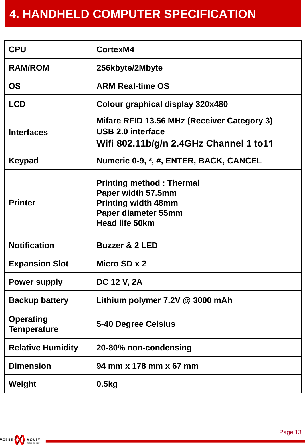 Page 134. HANDHELD COMPUTER SPECIFICATIONCPU CortexM4RAM/ROM 256kbyte/2MbyteOS ARM Real-time OSLCD Colour graphical display 320x480InterfacesMifare RFID 13.56 MHz (Receiver Category 3) USB 2.0 interfaceWifi 802.11b/g/n 2.4GHz Channel 1 to11Keypad Numeric 0-9, *, #, ENTER, BACK, CANCELPrinterPrinting method : ThermalPaper width 57.5mmPrinting width 48mmPaper diameter 55mmHead life 50kmNotification Buzzer &amp; 2 LEDExpansion Slot Micro SD x 2Power supply DC 12 V, 2ABackup battery Lithium polymer 7.2V @ 3000 mAhOperating Temperature 5-40 Degree CelsiusRelative Humidity 20-80% non-condensingDimension 94 mm x 178 mm x 67 mmWeight 0.5kg