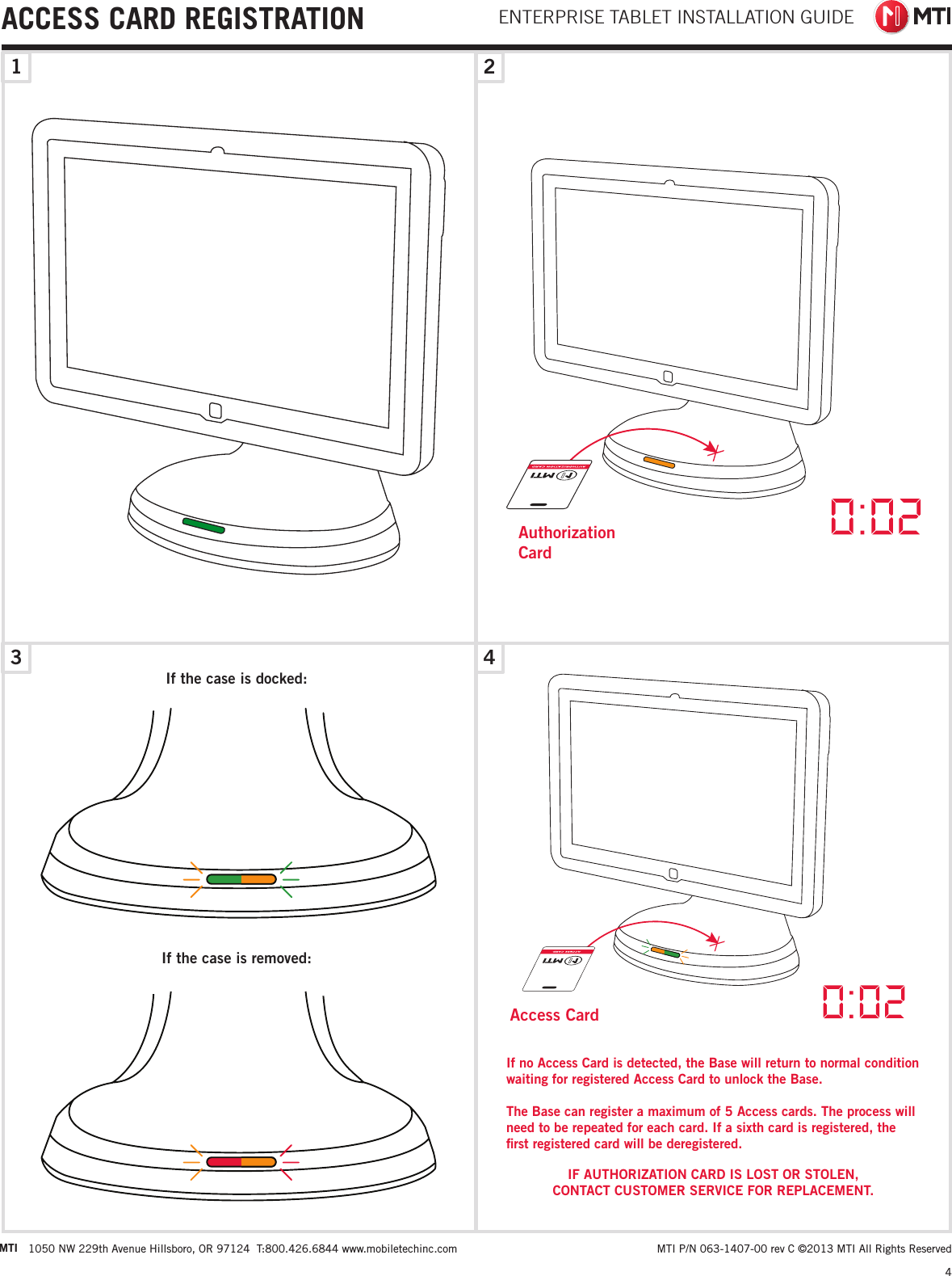 ENTERPRISE TABLET INSTALLATION GUIDE1 243ACCESS CARD REGISTRATION4 MTI P/N 063-1407-00 rev C ©2013 MTI All Rights ReservedMTI 1050 NW 229th Avenue Hillsboro, OR 97124  T:800.426.6844 www.mobiletechinc.comAuthorization CardAccess CardIf no Access Card is detected, the Base will return to normal condition waiting for registered Access Card to unlock the Base.   The Base can register a maximum of 5 Access cards. The process will need to be repeated for each card. If a sixth card is registered, the ﬁrst registered card will be deregistered.IF AUTHORIZATION CARD IS LOST OR STOLEN,  CONTACT CUSTOMER SERVICE FOR REPLACEMENT.If the case is removed:If the case is docked: