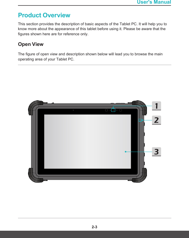 User&apos;s Manual2-2 2-3Product OverviewThis section provides the description of basic aspects of the Tablet PC. It will help you to know more about the appearance of this tablet before using it. Please be aware that the figures shown here are for reference only.Open ViewThe figure of open view and description shown below will lead you to browse the main operating area of your Tablet PC. 