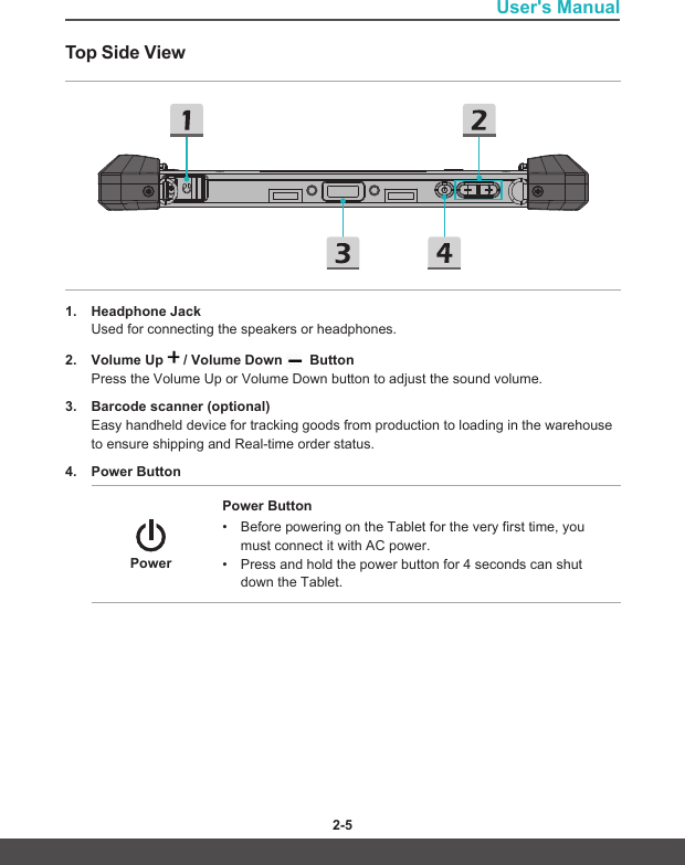 User&apos;s Manual2-4 2-5Top Side View1.  Headphone JackUsed for connecting the speakers or headphones.2.  Volume Up   / Volume Down    ButtonPress the Volume Up or Volume Down button to adjust the sound volume.3.  Barcode scanner (optional)Easy handheld device for tracking goods from production to loading in the warehouse to ensure shipping and Real-time order status.4.  Power Button PowerPower Button• Before powering on the Tablet for the very first time, you must connect it with AC power.• Press and hold the power button for 4 seconds can shut down the Tablet.