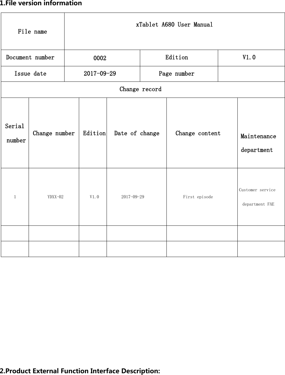  1.File version information         2.Product External Function Interface Description: File name xTablet A680 User Manual Document number 0002 Edition V1.0 Issue date 2017-09-29 Page number  Change record Serial number Change number Edition Date of change Change content    Maintenance department  1 YDXX-02 V1.0 2017-09-29 First episode Customer service department FAE             