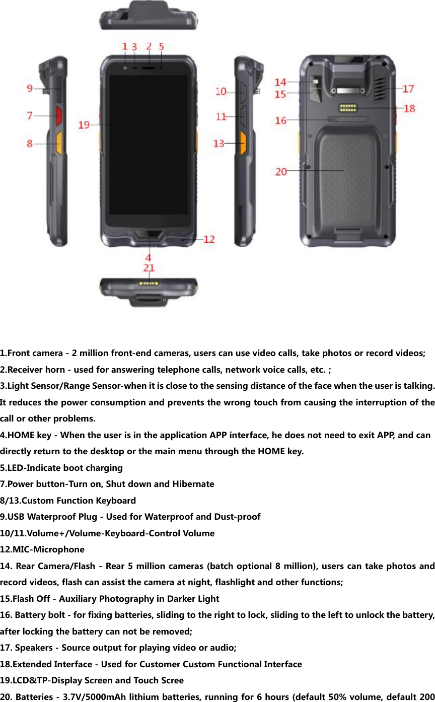    1.Front camera - 2 million front-end cameras, users can use video calls, take photos or record videos; 2.Receiver horn - used for answering telephone calls, network voice calls, etc.； 3.Light Sensor/Range Sensor-when it is close to the sensing distance of the face when the user is talking. It reduces the power consumption and prevents the wrong touch from causing the interruption of the call or other problems. 4.HOME key - When the user is in the application APP interface, he does not need to exit APP, and can directly return to the desktop or the main menu through the HOME key.   5.LED-Indicate boot charging 7.Power button-Turn on, Shut down and Hibernate 8/13.Custom Function Keyboard 9.USB Waterproof Plug - Used for Waterproof and Dust-proof 10/11.Volume+/Volume-Keyboard-Control Volume 12.MIC-Microphone 14. Rear Camera/Flash - Rear 5 million cameras (batch optional 8 million), users can take photos and record videos, flash can assist the camera at night, flashlight and other functions; 15.Flash Off - Auxiliary Photography in Darker Light 16. Battery bolt - for fixing batteries, sliding to the right to lock, sliding to the left to unlock the battery, after locking the battery can not be removed; 17. Speakers - Source output for playing video or audio; 18.Extended Interface - Used for Customer Custom Functional Interface 19.LCD&amp;TP-Display Screen and Touch Scree 20. Batteries - 3.7V/5000mAh lithium batteries, running for 6 hours (default 50% volume, default 200 