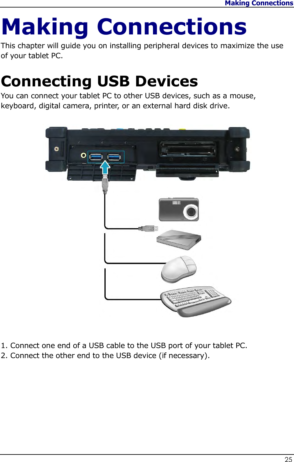 Making Connections                   25  Making Connections This chapter will guide you on installing peripheral devices to maximize the use of your tablet PC.  Connecting USB Devices You can connect your tablet PC to other USB devices, such as a mouse, keyboard, digital camera, printer, or an external hard disk drive.                        1. Connect one end of a USB cable to the USB port of your tablet PC. 2. Connect the other end to the USB device (if necessary).       