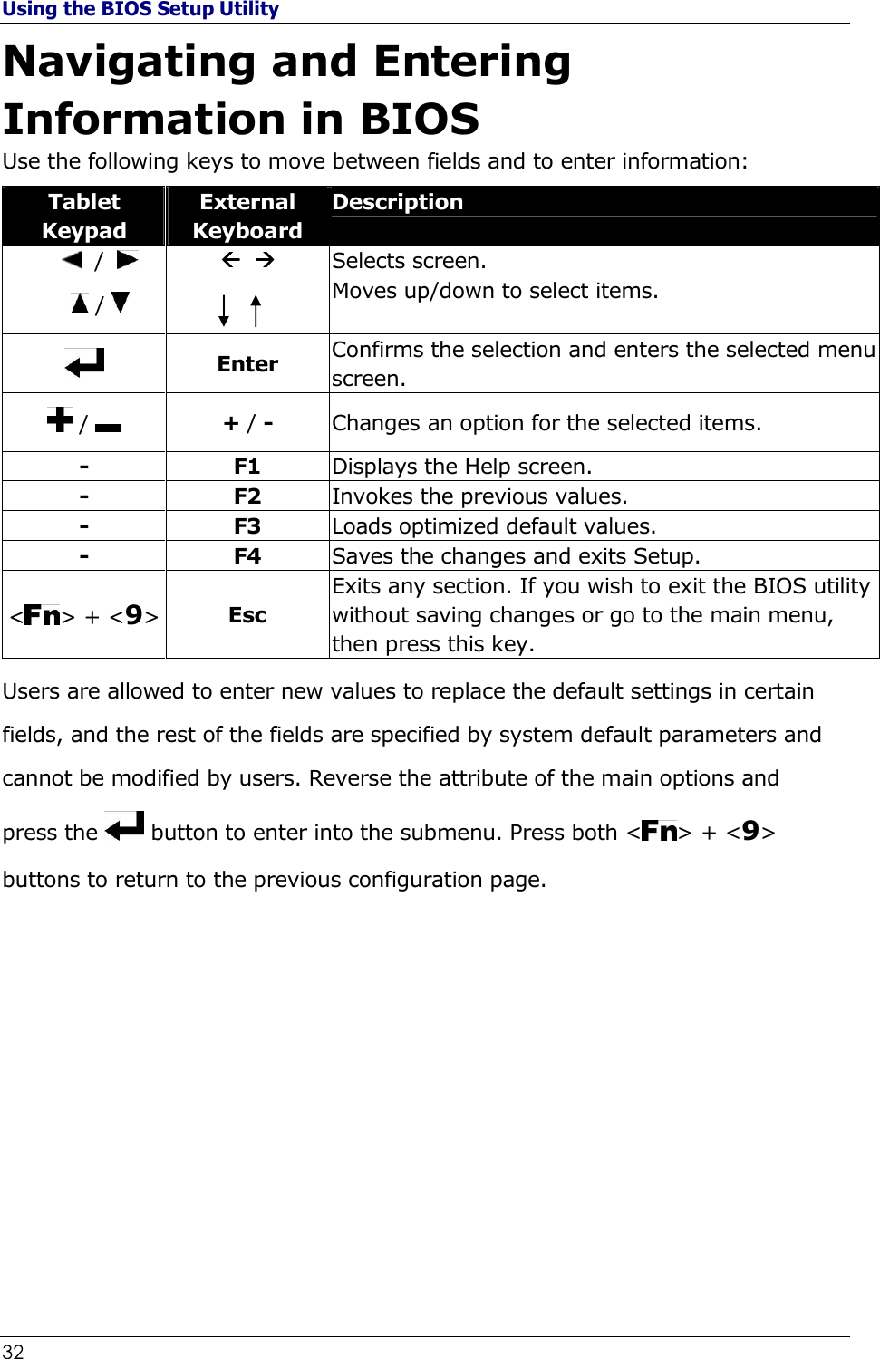 Using the BIOS Setup Utility 32                                                              Navigating and Entering Information in BIOS Use the following keys to move between fields and to enter information: Tablet Keypad External Keyboard Description  /        Selects screen.  /     Moves up/down to select items.   Enter Confirms the selection and enters the selected menu screen.  /    + / -  Changes an option for the selected items. -  F1  Displays the Help screen. -  F2  Invokes the previous values. -  F3  Loads optimized default values. -  F4  Saves the changes and exits Setup. &lt; &gt; + &lt;9&gt; Esc Exits any section. If you wish to exit the BIOS utility without saving changes or go to the main menu, then press this key. Users are allowed to enter new values to replace the default settings in certain fields, and the rest of the fields are specified by system default parameters and cannot be modified by users. Reverse the attribute of the main options and press the   button to enter into the submenu. Press both &lt; &gt; + &lt;9&gt; buttons to return to the previous configuration page.               