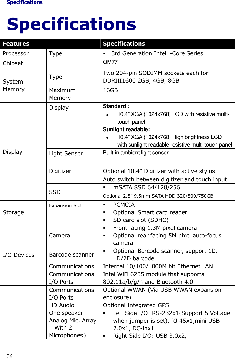 Specifications 36                                                              Specifications Features  Specifications Processor  Type    3rd Generation Intel i-Core Series Chipset  QM77 System Memory Type  Two 204-pin SODIMM sockets each for DDRIII1600 2GB, 4GB, 8GB  Maximum Memory 16GB Display Display   Standard   10.4” XGA (1024x768) LCD with resistive multi-touch panel  Sunlight readable:   10.4” XGA (1024x768) High brightness LCD with sunlight readable resistive multi-touch panel  Light Sensor  Built-in ambient light sensor  Digitizer  Optional 10.4” Digitizer with active stylus Auto switch between digitizer and touch input SSD  mSATA SSD 64/128/256   Optional 2.5” 9.5mm SATA HDD 320/500/750GB Storage Expansion Slot  PCMCIA  Optional Smart card reader  SD card slot (SDHC) I/O Devices Camera  Front facing 1.3M pixel camera   Optional rear facing 5M pixel auto-focus camera Barcode scanner   Optional Barcode scanner, support 1D, 1D/2D barcode Communications  Internal 10/100/1000M bit Ethernet LAN   Communications I/O Ports Intel WiFi 6235 module that supports 802.11a/b/g/n and Bluetooth 4.0  Communications I/O Ports HD Audio  One speaker Analog Mic. Array With 2 Microphones  Optional WWAN (Via USB WWAN expansion enclosure) Optional Integrated GPS  Left Side I/O: RS-232x1(Support 5 Voltage when jumper is set), RJ 45x1,mini USB 2.0x1, DC-inx1  Right Side I/O: USB 3.0x2,  