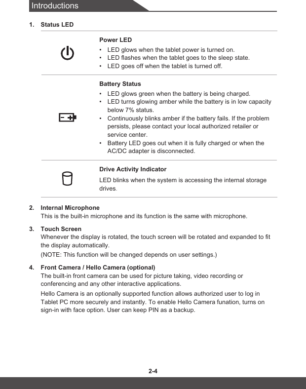 Introductions2-4 2-51. Status LEDPower LED• LED glows when the tablet power is turned on.• LED flashes when the tablet goes to the sleep state.• LED goes off when the tablet is turned off.Battery Status• LED glows green when the battery is being charged. • LED turns glowing amber while the battery is in low capacity below7%status.• Continuously blinks amber if the battery fails. If the problem persists, please contact your local authorized retailer or service center.• Battery LED goes out when it is fully charged or when the AC/DC adapter is disconnected.Drive Activity IndicatorLED blinks when the system is accessing the internal storage drives.2. Internal MicrophoneThis is the built-in microphone and its function is the same with microphone.3. Touch ScreenWhenever the display is rotated, the touch screen will be rotated and expanded to fit the display automatically. (NOTE: This function will be changed depends on user settings.)4. Front Camera / Hello Camera (optional)The built-in front camera can be used for picture taking, video recording or conferencing and any other interactive applications. Hello Camera is an optionally supported function allows authorized user to log in Tablet PC more securely and instantly. To enable Hello Camera funation, turns on sign-in with face option. User can keep PIN as a backup. 