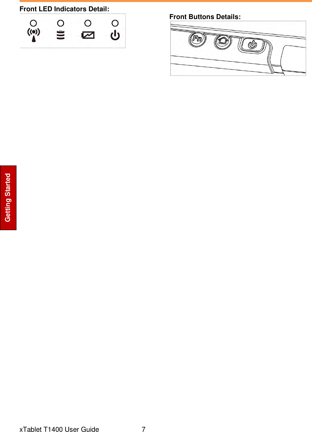  xTablet T1400 User Guide     7 Getting Started Front LED Indicators Detail:    Front Buttons Details:      