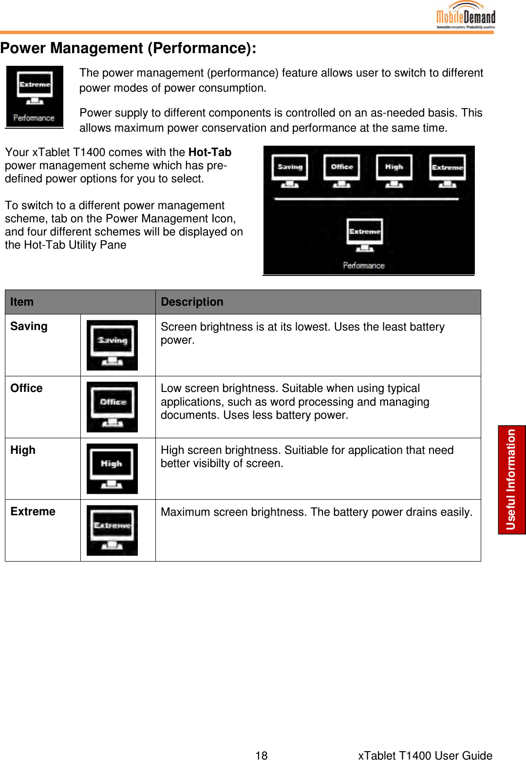  18      xTablet T1400 User Guide Useful Information Power Management (Performance):  The power management (performance) feature allows user to switch to different power modes of power consumption. Power supply to different components is controlled on an as-needed basis. This allows maximum power conservation and performance at the same time.  Your xTablet T1400 comes with the Hot-Tab power management scheme which has pre-defined power options for you to select.    To switch to a different power management scheme, tab on the Power Management Icon, and four different schemes will be displayed on the Hot-Tab Utility Pane     Item Description Saving  Screen brightness is at its lowest. Uses the least battery power. Office  Low screen brightness. Suitable when using typical applications, such as word processing and managing documents. Uses less battery power. High  High screen brightness. Suitiable for application that need better visibilty of screen.   Extreme  Maximum screen brightness. The battery power drains easily.      