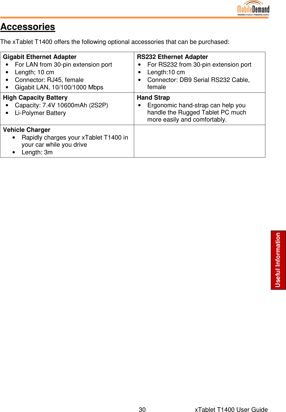  30      xTablet T1400 User Guide Useful Information Accessories  The xTablet T1400 offers the following optional accessories that can be purchased: Gigabit Ethernet Adapter •  For LAN from 30-pin extension port •  Length; 10 cm •  Connector: RJ45, female •  Gigabit LAN, 10/100/1000 Mbps RS232 Ethernet Adapter •  For RS232 from 30-pin extension port •  Length:10 cm •  Connector: DB9 Serial RS232 Cable, female High Capacity Battery •  Capacity: 7.4V 10600mAh (2S2P) •  Li-Polymer Battery Hand Strap •  Ergonomic hand-strap can help you handle the Rugged Tablet PC much more easily and comfortably. Vehicle Charger •  Rapidly charges your xTablet T1400 in your car while you drive •  Length: 3m  