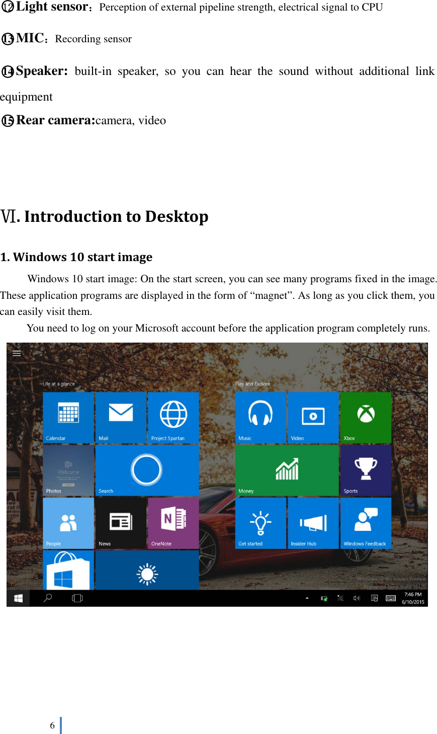  6    ○12 Light sensor：Perception of external pipeline strength, electrical signal to CPU ○13 MIC：Recording sensor ○14 Speaker:  built-in speaker, so you can hear the sound without additional link equipment ○15 Rear camera:camera, video    Ⅵ.IntroductiontoDesktop1.Windows10startimageWindows 10 start image: On the start screen, you can see many programs fixed in the image. These application programs are displayed in the form of “magnet”. As long as you click them, you can easily visit them. You need to log on your Microsoft account before the application program completely runs.       