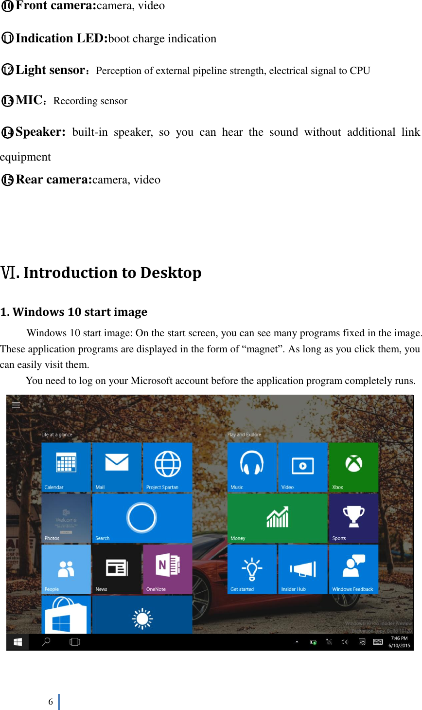  6   ○10 Front camera:camera, video   ○11 Indication LED:boot charge indication ○12 Light sensor：Perception of external pipeline strength, electrical signal to CPU ○13 MIC：Recording sensor ○14 Speaker:  built-in  speaker,  so  you  can  hear  the  sound  without  additional  link equipment ○15 Rear camera:camera, video    Ⅵ. Introduction to Desktop 1. Windows 10 start image Windows 10 start image: On the start screen, you can see many programs fixed in the image. These application programs are displayed in the form of “magnet”. As long as you click them, you can easily visit them. You need to log on your Microsoft account before the application program completely runs.   