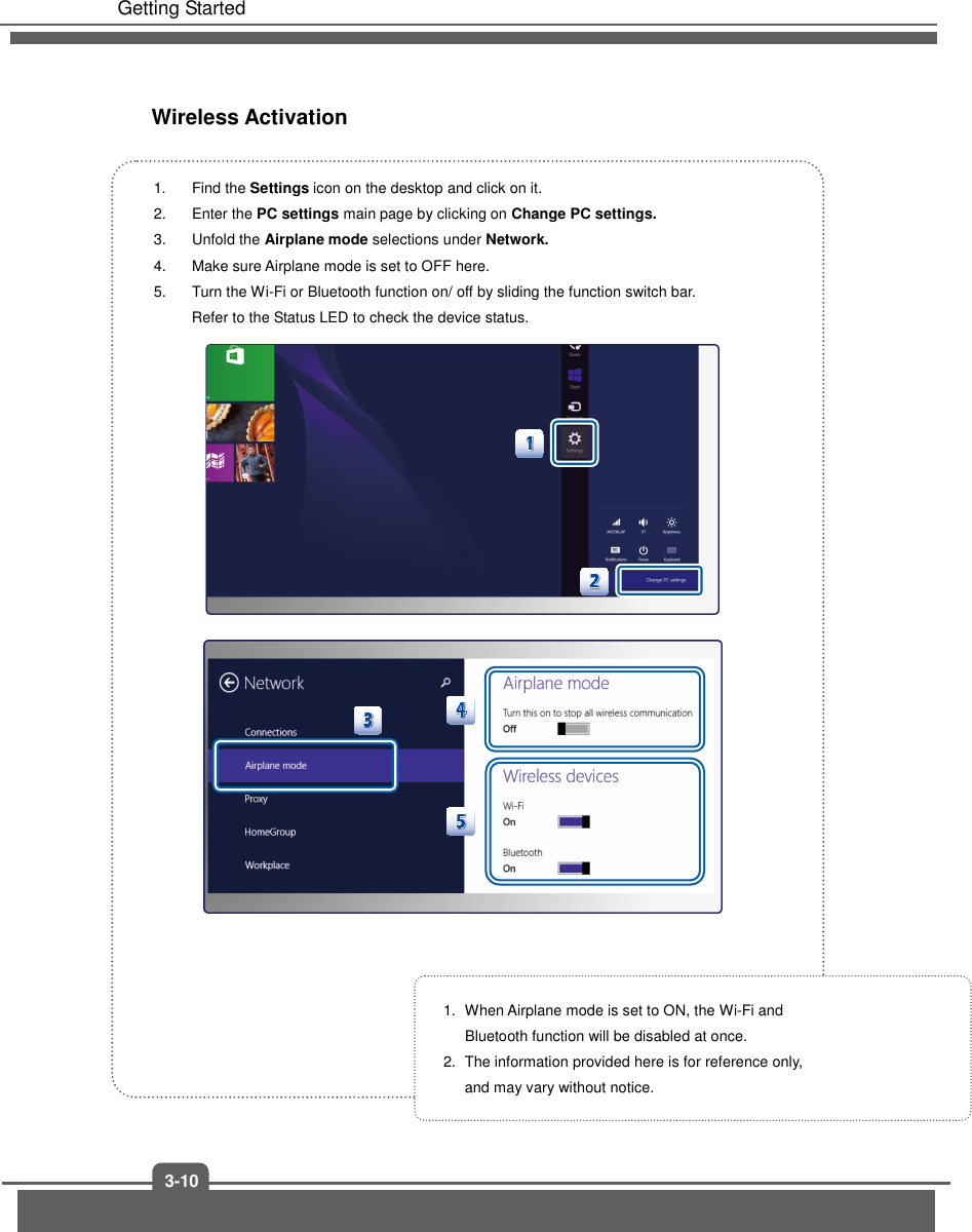   Getting Started 3-10 Wireless Activation  1.  Find the Settings icon on the desktop and click on it. 2.  Enter the PC settings main page by clicking on Change PC settings. 3.  Unfold the Airplane mode selections under Network.   4.  Make sure Airplane mode is set to OFF here. 5.  Turn the Wi-Fi or Bluetooth function on/ off by sliding the function switch bar.     Refer to the Status LED to check the device status.                     1.  When Airplane mode is set to ON, the Wi-Fi and   Bluetooth function will be disabled at once. 2.  The information provided here is for reference only,   and may vary without notice. 