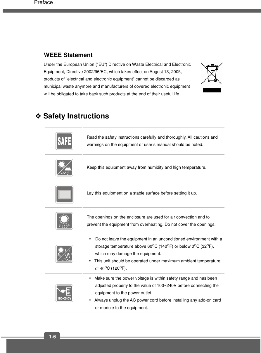   Preface 1-6   WEEE Statement Under the European Union (&quot;EU&quot;) Directive on Waste Electrical and Electronic Equipment, Directive 2002/96/EC, which takes effect on August 13, 2005, products of &quot;electrical and electronic equipment&quot; cannot be discarded as municipal waste anymore and manufacturers of covered electronic equipment will be obligated to take back such products at the end of their useful life.   Safety Instructions  Read the safety instructions carefully and thoroughly. All cautions and warnings on the equipment or user’s manual should be noted.  Keep this equipment away from humidity and high temperature.  Lay this equipment on a stable surface before setting it up.  The openings on the enclosure are used for air convection and to prevent the equipment from overheating. Do not cover the openings.    Do not leave the equipment in an unconditioned environment with a storage temperature above 60OC (140OF) or below 0OC (32OF), which may damage the equipment.   This unit should be operated under maximum ambient temperature of 40OC (120OF).    Make sure the power voltage is within safety range and has been adjusted properly to the value of 100~240V before connecting the equipment to the power outlet.   Always unplug the AC power cord before installing any add-on card or module to the equipment.  