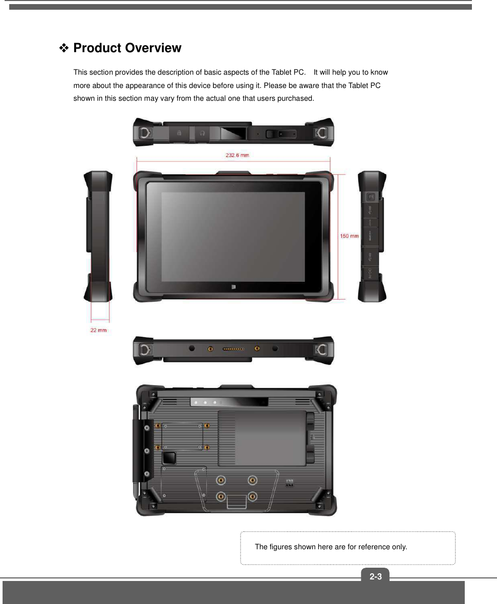   2-3  Product Overview This section provides the description of basic aspects of the Tablet PC.    It will help you to know more about the appearance of this device before using it. Please be aware that the Tablet PC shown in this section may vary from the actual one that users purchased.      The figures shown here are for reference only.  