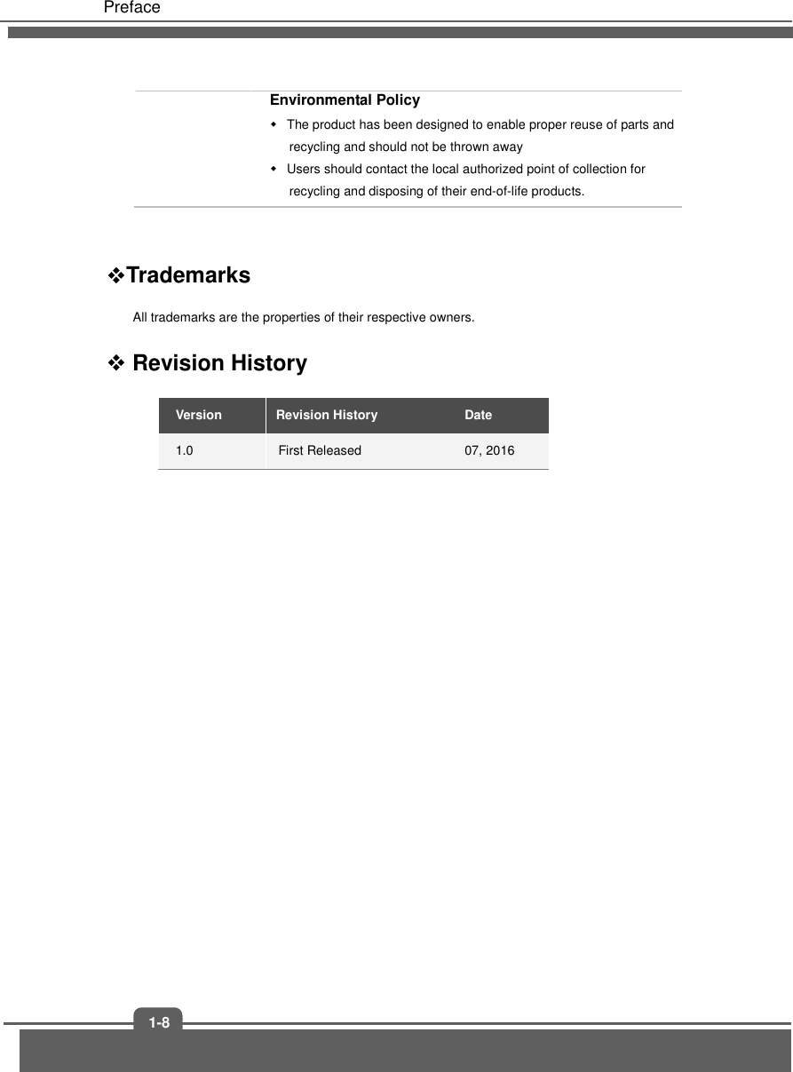   Preface 1-8 Environmental Policy   The product has been designed to enable proper reuse of parts and recycling and should not be thrown away   Users should contact the local authorized point of collection for recycling and disposing of their end-of-life products.  Trademarks All trademarks are the properties of their respective owners.  Revision History   Version  Revision History  Date   1.0  First Released  07, 2016                