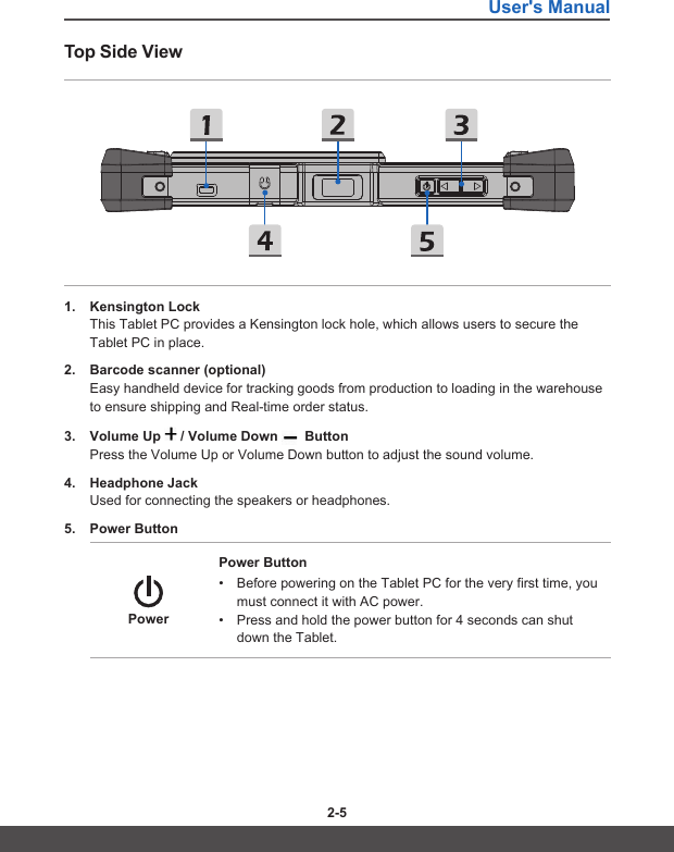 User&apos;s Manual2-4 2-5Top Side View1.  Kensington LockThis Tablet PC provides a Kensington lock hole, which allows users to secure the Tablet PC in place.2.  Barcode scanner (optional)Easy handheld device for tracking goods from production to loading in the warehouse to ensure shipping and Real-time order status.3.  Volume Up   / Volume Down    ButtonPress the Volume Up or Volume Down button to adjust the sound volume.4.  Headphone JackUsed for connecting the speakers or headphones.5.  Power Button PowerPower Button• Before powering on the Tablet PC for the very first time, you must connect it with AC power.• Press and hold the power button for 4 seconds can shut down the Tablet.