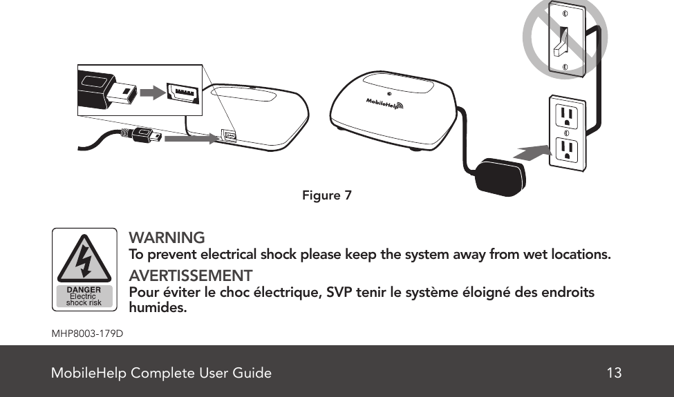 MobileHelp Complete User Guide 13MHP8003-179D Figure 7WARNINGTo prevent electrical shock please keep the system away from wet locations.AVERTISSEMENTPour éviter le choc électrique, SVP tenir le système éloigné des endroits humides.