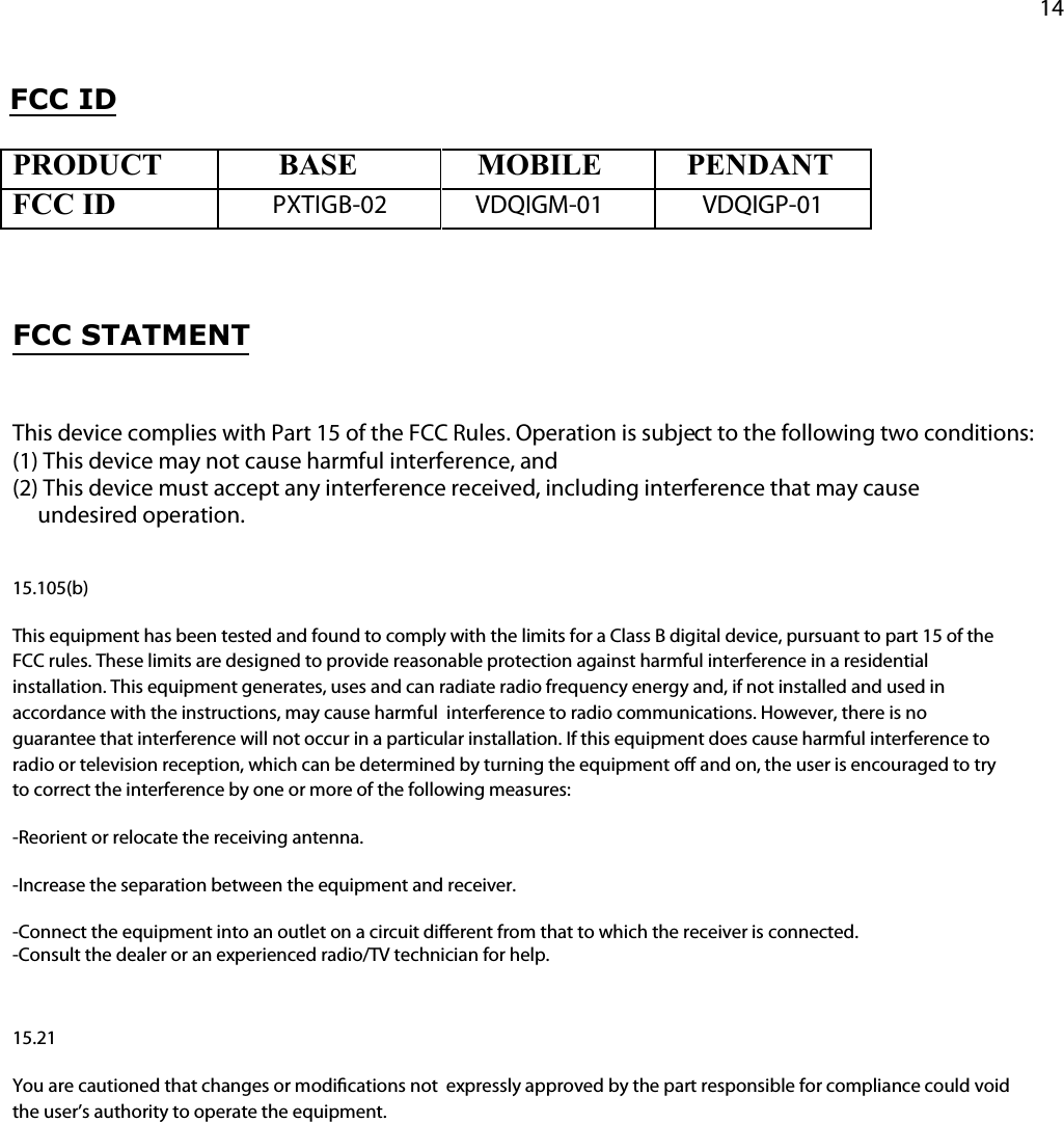 14FCC ID FCC STATMENTThis device complies with Part 15 of the FCC Rules. Operation is subject to the following two conditions:  (1) This device may not cause harmful interference, and  (2) This device must accept any interference received, including interference that may cause       undesired operation. 15.105(b) This equipment has been tested and found to comply with the limits for a Class B digital device, pursuant to part 15 of the FCC rules. These limits are designed to provide reasonable protection against harmful interference in a residential  installation. This equipment generates, uses and can radiate radio frequency energy and, if not installed and used in accordance with the instructions, may cause harmful  interference to radio communications. However, there is no guarantee that interference will not occur in a particular installation. If this equipment does cause harmful interference to  radio or television reception, which can be determined by turning the equipment o and on, the user is encouraged to try to correct the interference by one or more of the following measures: -Reorient or relocate the receiving antenna. -Increase the separation between the equipment and receiver.  -Connect the equipment into an outlet on a circuit dierent from that to which the receiver is connected.  -Consult the dealer or an experienced radio/TV technician for help. 15.21 You are cautioned that changes or modications not  expressly approved by the part responsible for compliance could void the user’s authority to operate the equipment. PRODUCT BASE MOBILE PENDANTFCC ID  PXTIGB-02                VDQIGM-01                  VDQIGP-01 