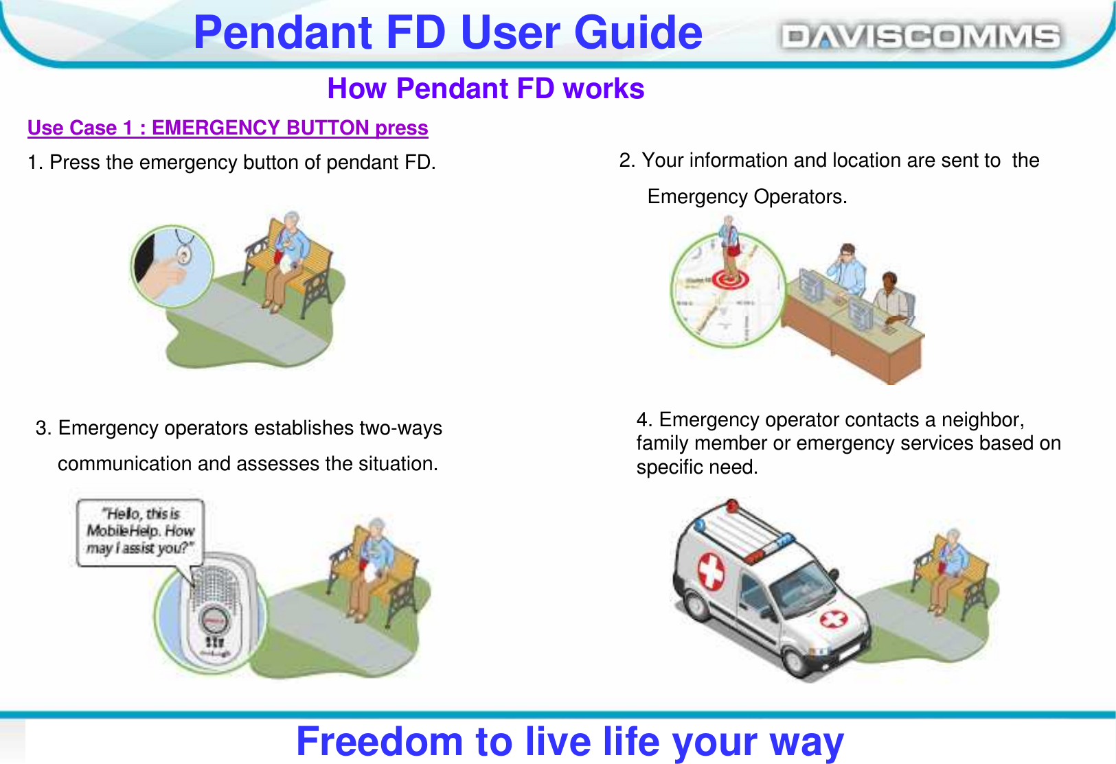 Daviscomms ConfidentialDaviscomms Organization ChartPendant FD User GuideFreedom to live life your wayHow Pendant FD works1. Press the emergency button of pendant FD. 2. Your information and location are sent to  the Emergency Operators.3. Emergency operators establishes two-wayscommunication and assesses the situation.4. Emergency operator contacts a neighbor, family member or emergency services based on specific need.Use Case 1 : EMERGENCY BUTTON press