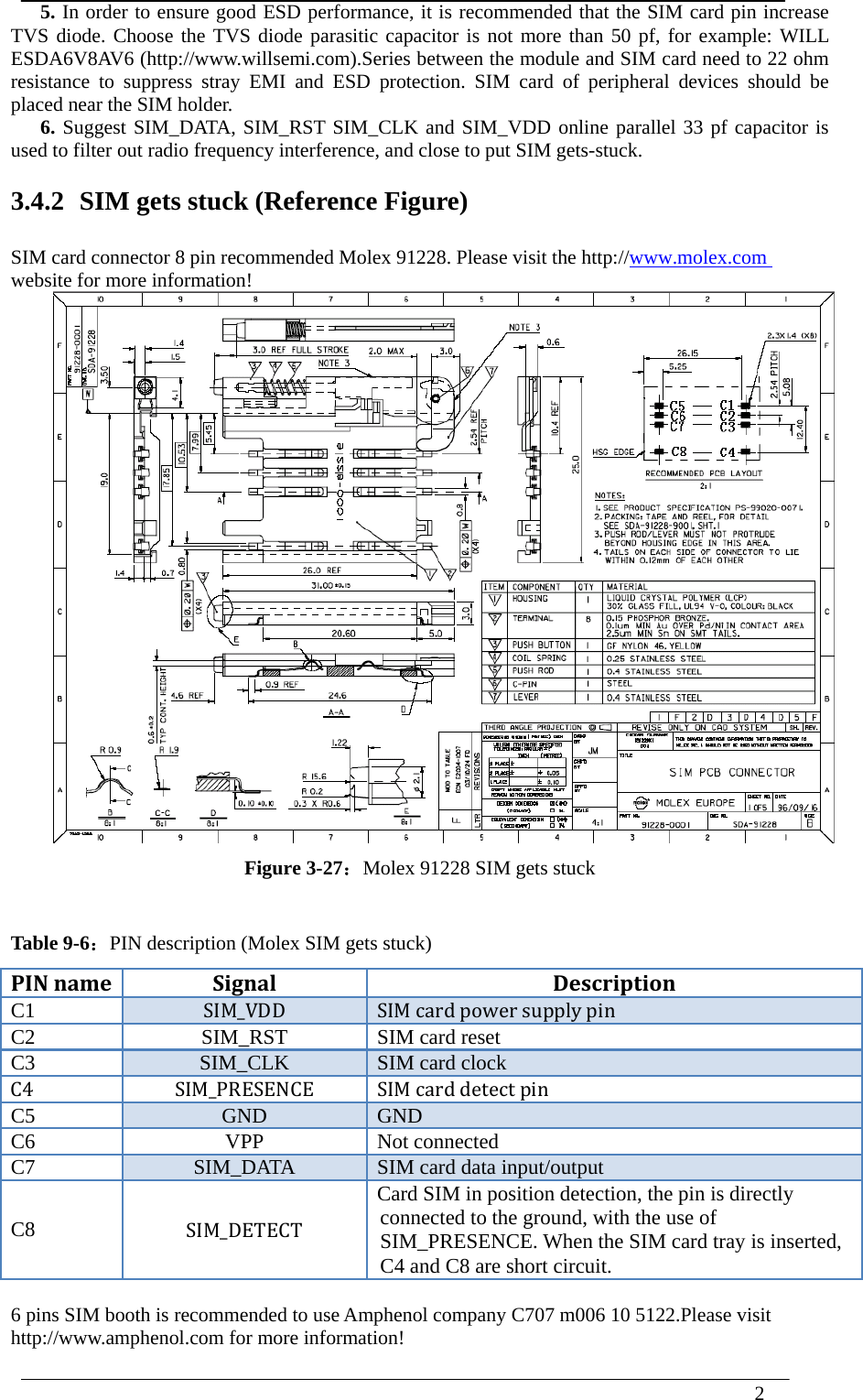  2  5. In order to ensure good ESD performance, it is recommended that the SIM card pin increase TVS diode. Choose the TVS diode parasitic capacitor is not more than 50 pf, for example: WILL ESDA6V8AV6 (http://www.willsemi.com).Series between the module and SIM card need to 22 ohm resistance to suppress stray EMI and ESD protection. SIM card of peripheral devices should be placed near the SIM holder. 6. Suggest SIM_DATA, SIM_RST SIM_CLK and SIM_VDD online parallel 33 pf capacitor is used to filter out radio frequency interference, and close to put SIM gets-stuck.  3.4.2 SIM gets stuck (Reference Figure)  SIM card connector 8 pin recommended Molex 91228. Please visit the http://www.molex.com website for more information!  Figure 3-27：Molex 91228 SIM gets stuck  Table 9-6：PIN description (Molex SIM gets stuck) PINnameSignalDescriptionC1  SIM_VDD SIM cardpowersupplypin C2  SIM_RST  SIM card reset C3  SIM_CLK  SIM card clock C4 SIM_PRESENCE SIMcarddetectpin C5  GNDGNDC6 VPP Not connected C7  SIM_DATA  SIM card data input/output C8  SIM_DETECT Card SIM in position detection, the pin is directly connected to the ground, with the use of SIM_PRESENCE. When the SIM card tray is inserted, C4 and C8 are short circuit.  6 pins SIM booth is recommended to use Amphenol company C707 m006 10 5122.Please visit http://www.amphenol.com for more information!