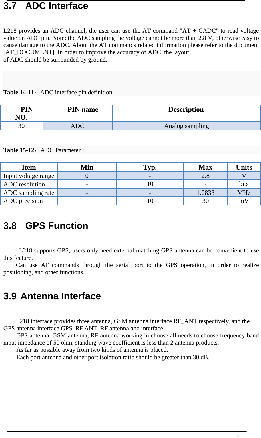  3  3.7  ADC Interface L218 provides an ADC channel, the user can use the AT command &quot;AT + CADC&quot; to read voltage value on ADC pin. Note: the ADC sampling the voltage cannot be more than 2.8 V, otherwise easy to cause damage to the ADC. About the AT commands related information please refer to the document [AT_DOCUMENT]. In order to improve the accuracy of ADC, the layout of ADC should be surrounded by ground.  Table 14-11：ADC interface pin definition PIN NO.  PIN name  Description 30  ADC  Analog sampling  Table 15-12：ADC Parameter Item  Min  Typ.  Max  Units Input voltage range  0  -  2.8  V ADC resolution  - 10 - bits ADC sampling rate  -  -  1.0833  MHz ADC precision    10  30  mV  3.8  GPS Function L218 supports GPS, users only need external matching GPS antenna can be convenient to use this feature. Can use AT commands through the serial port to the GPS operation, in order to realize positioning, and other functions.  3.9 Antenna Interface L218 interface provides three antenna, GSM antenna interface RF_ANT respectively, and the GPS antenna interface GPS_RF ANT_RF antenna and interface. GPS antenna, GSM antenna, RF antenna working in choose all needs to choose frequency band input impedance of 50 ohm, standing wave coefficient is less than 2 antenna products. As far as possible away from two kinds of antenna is placed. Each port antenna and other port isolation ratio should be greater than 30 dB.         