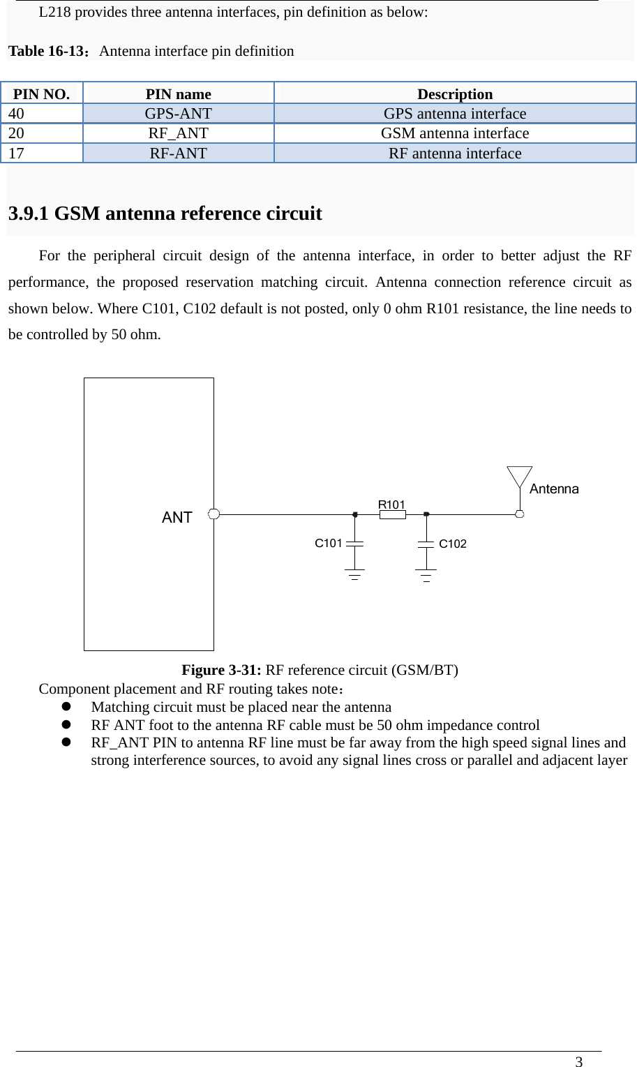  3  L218 provides three antenna interfaces, pin definition as below: Table 16-13：Antenna interface pin definition PIN NO.  PIN name  Description 40  GPS-ANT  GPS antenna interface 20  RF_ANT  GSM antenna interface 17  RF-ANT  RF antenna interface  3.9.1 GSM antenna reference circuit For the peripheral circuit design of the antenna interface, in order to better adjust the RF performance, the proposed reservation matching circuit. Antenna connection reference circuit as shown below. Where C101, C102 default is not posted, only 0 ohm R101 resistance, the line needs to be controlled by 50 ohm.   Figure 3-31: RF reference circuit (GSM/BT) Component placement and RF routing takes note：  Matching circuit must be placed near the antenna  RF ANT foot to the antenna RF cable must be 50 ohm impedance control  RF_ANT PIN to antenna RF line must be far away from the high speed signal lines and strong interference sources, to avoid any signal lines cross or parallel and adjacent layer                