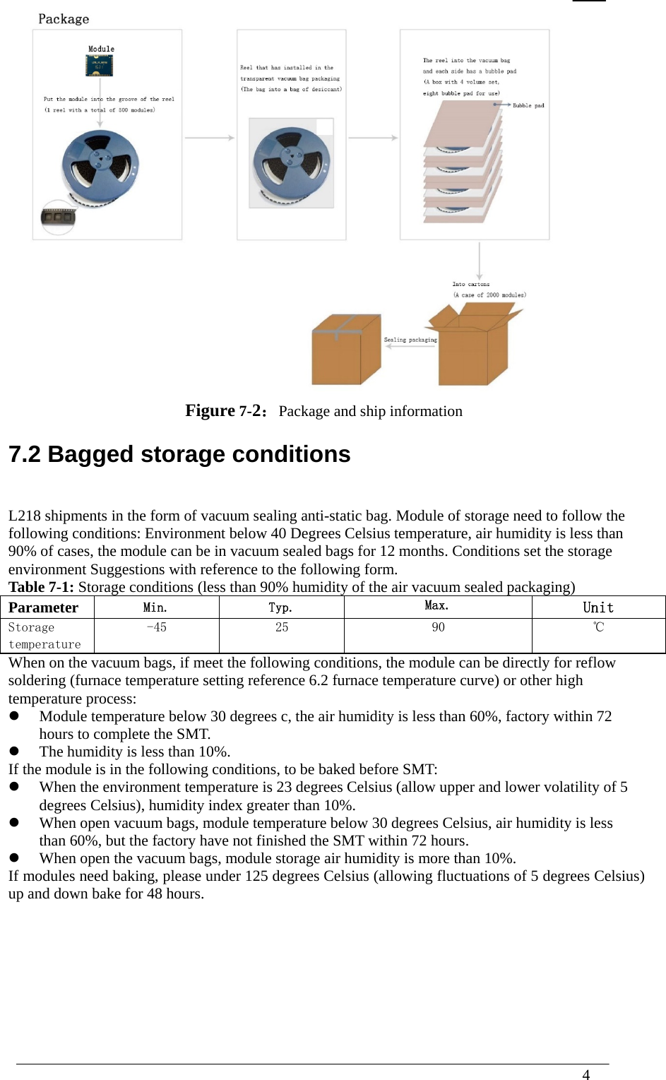  4   Figure 7-2：Package and ship information 7.2 Bagged storage conditions L218 shipments in the form of vacuum sealing anti-static bag. Module of storage need to follow the following conditions: Environment below 40 Degrees Celsius temperature, air humidity is less than 90% of cases, the module can be in vacuum sealed bags for 12 months. Conditions set the storage environment Suggestions with reference to the following form. Table 7-1: Storage conditions (less than 90% humidity of the air vacuum sealed packaging) Parameter  Min.  Typ.  Max.  Unit Storage temperature -45  25  90  ℃ When on the vacuum bags, if meet the following conditions, the module can be directly for reflow soldering (furnace temperature setting reference 6.2 furnace temperature curve) or other high temperature process:  Module temperature below 30 degrees c, the air humidity is less than 60%, factory within 72 hours to complete the SMT.  The humidity is less than 10%. If the module is in the following conditions, to be baked before SMT:  When the environment temperature is 23 degrees Celsius (allow upper and lower volatility of 5 degrees Celsius), humidity index greater than 10%.  When open vacuum bags, module temperature below 30 degrees Celsius, air humidity is less than 60%, but the factory have not finished the SMT within 72 hours.  When open the vacuum bags, module storage air humidity is more than 10%. If modules need baking, please under 125 degrees Celsius (allowing fluctuations of 5 degrees Celsius) up and down bake for 48 hours.       