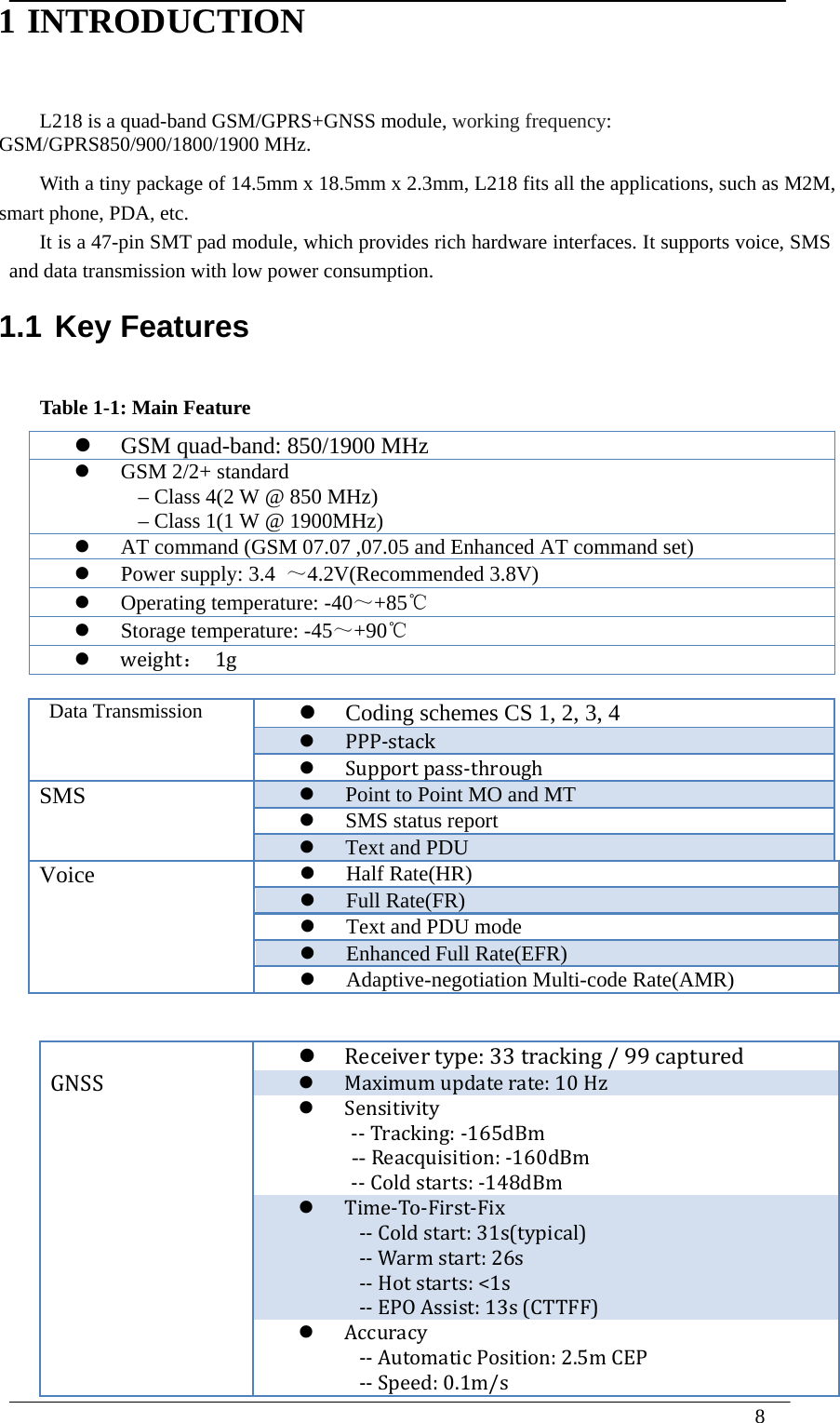  8   1 INTRODUCTION L218 is a quad-band GSM/GPRS+GNSS module, working frequency: GSM/GPRS850/900/1800/1900 MHz. With a tiny package of 14.5mm x 18.5mm x 2.3mm, L218 fits all the applications, such as M2M, smart phone, PDA, etc. It is a 47-pin SMT pad module, which provides rich hardware interfaces. It supports voice, SMS and data transmission with low power consumption. 1.1 Key Features Table 1-1: Main Feature  GSM quad-band: 850/1900 MHz GSM 2/2+ standard             – Class 4(2 W @ 850 MHz)       – Class 1(1 W @ 1900MHz)  AT command (GSM 07.07 ,07.05 and Enhanced AT command set)  Power supply: 3.4  ～4.2V(Recommended 3.8V) Operating temperature: -40～+85℃ Storage temperature: -45～+90℃ weight：1g Data Transmission  Coding schemes CS 1, 2, 3, 4  PPP‐stack Supportpass‐throughSMS   Point to Point MO and MT  SMS status report Text and PDUVoice  Half Rate(HR) Full Rate(FR) Text and PDU mode     Enhanced Full Rate(EFR) Adaptive-negotiation Multi-code Rate(AMR)    GNSS  Receivertype:33tracking/99captured  Maximumupdaterate:10Hz  Sensitivity      ‐‐Tracking:‐165dBm     -- Reacquisition:‐160dBm     ‐‐Coldstarts:‐148dBm  Time‐To‐First‐Fix ‐‐Coldstart:31s(typical)‐‐Warmstart:26s‐‐Hotstarts:&lt;1s‐‐EPOAssist:13s(CTTFF) Accuracy ‐‐AutomaticPosition:2.5mCEP‐‐Speed:0.1m/s 