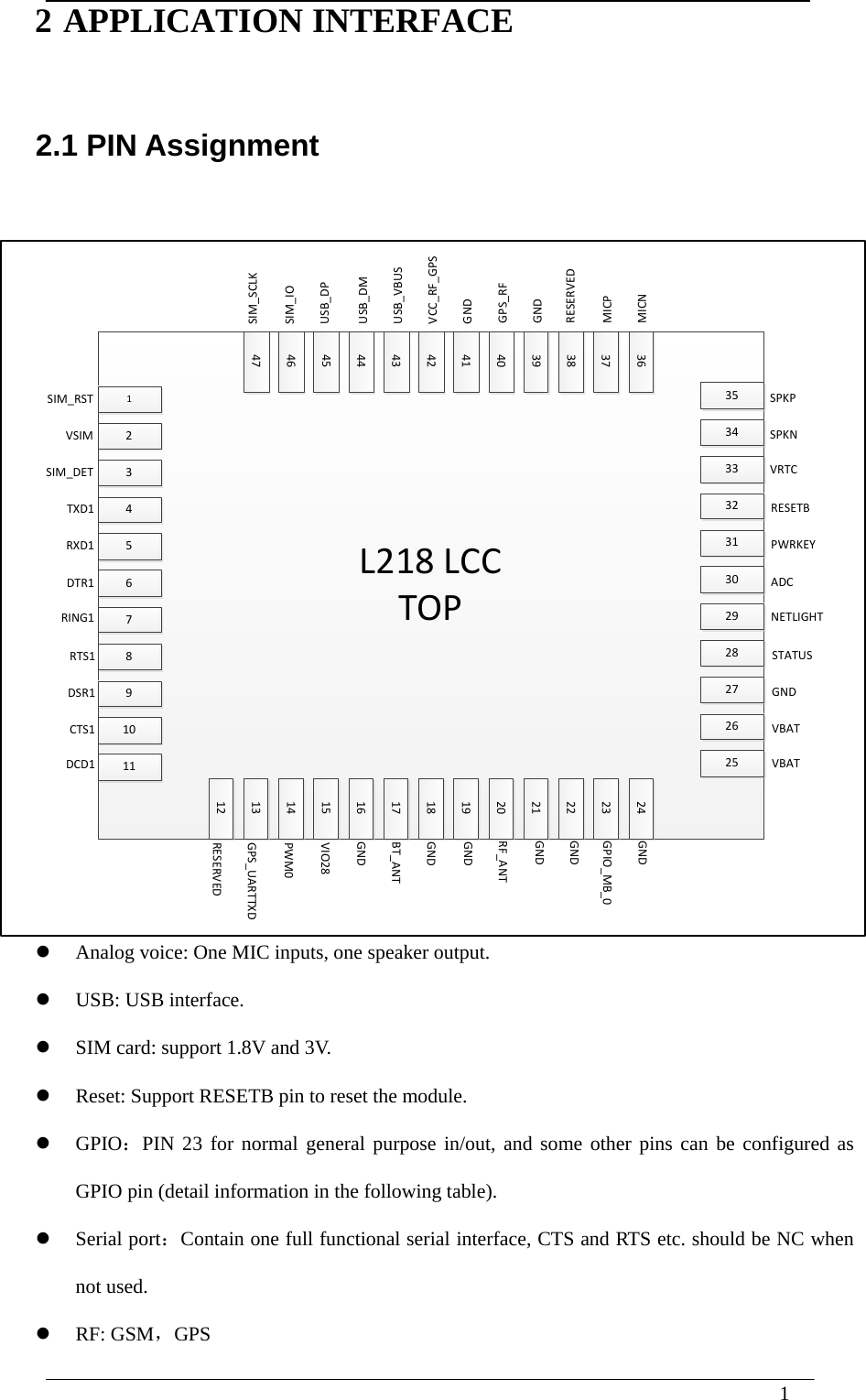  1  2 APPLICATION INTERFACE 2.1 PIN Assignment                           Figure 1-1: L218 Pin out diagram (TOP View) Interfaces as below：  Analog voice: One MIC inputs, one speaker output.  USB: USB interface.  SIM card: support 1.8V and 3V.  Reset: Support RESETB pin to reset the module.    GPIO：PIN 23 for normal general purpose in/out, and some other pins can be configured as GPIO pin (detail information in the following table).  Serial port：Contain one full functional serial interface, CTS and RTS etc. should be NC when not used.  RF: GSM，GPS L218LCCTOP1234567891011232221201918171615141312243534333231302928272625373839404142434445464736SPKPSPKNVRTCRESETBPWRKEYADCNETLIGHTSTATUSGNDVBATVBATGNDGNDRF_ANTGNDGNDBT_ANTGNDVIO28PWM0GPS_UARTTXDRESERVEDSIM_RSTVSIMSIM_DETTXD1RXD1DTR1RING1RTS1DSR1CTS1DCD1GPIO_MB_0GNDSIM_SCLKSIM_IOUSB_DPUSB_DMUSB_VBUSVCC_RF_GPSGNDGPS_RFGNDRESERVEDMICPMICN