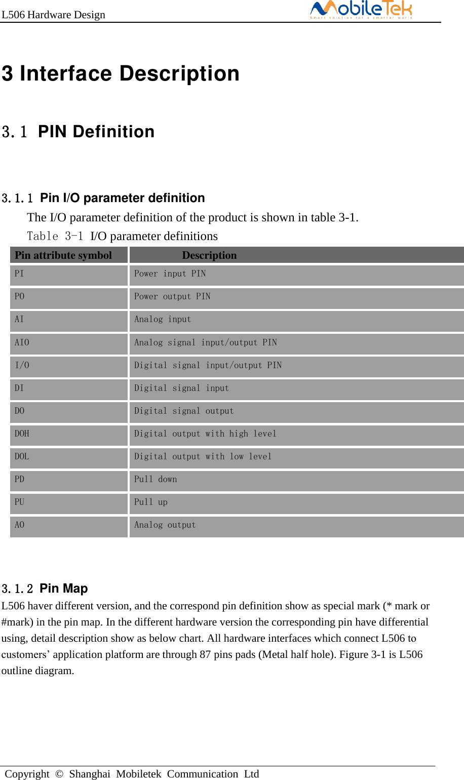 L506 Hardware DesignCopyright  ©  Shanghai  Mobiletek  Communication  Ltd3 Interface Description 3.1 PIN Definition 3.1.1 Pin I/O parameter definition The I/O parameter definition of the product is shown in table 3-1. Table 3-1 I/O parameter definitions Pin attribute symbol  Description PI Power input PIN PO Power output PIN AI Analog input AIO Analog signal input/output PIN I/O Digital signal input/output PIN DI Digital signal input DO Digital signal output DOH Digital output with high level DOL Digital output with low level PD Pull down PU Pull up AO Analog output 3.1.2 Pin MapL506 haver different version, and the correspond pin definition show as special mark (* mark or #mark) in the pin map. In the different hardware version the corresponding pin have differential using, detail description show as below chart. All hardware interfaces which connect L506 to customers’ application platform are through 87 pins pads (Metal half hole). Figure 3-1 is L506 outline diagram. 