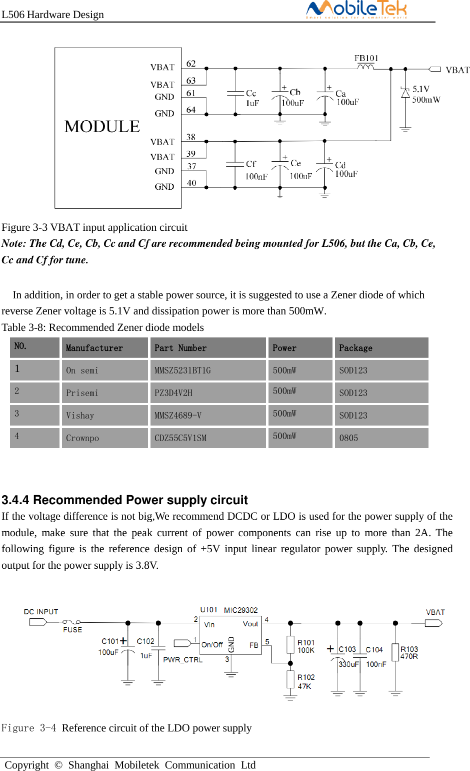 L506 Hardware DesignCopyright  ©  Shanghai  Mobiletek  Communication  LtdFigure 3-3 VBAT input application circuit Note: The Cd, Ce, Cb, Cc and Cf are recommended being mounted for L506, but the Ca, Cb, Ce, Cc and Cf for tune.   In addition, in order to get a stable power source, it is suggested to use a Zener diode of which reverse Zener voltage is 5.1V and dissipation power is more than 500mW. Table 3-8: Recommended Zener diode models NO. Manufacturer Part Number Power Package 1 On semi MMSZ5231BT1G 500mW SOD123 2 Prisemi PZ3D4V2H 500mW SOD123 3 Vishay MMSZ4689-V 500mW SOD123 4 Crownpo CDZ55C5V1SM 500mW 0805 3.4.4 Recommended Power supply circuit If the voltage difference is not big,We recommend DCDC or LDO is used for the power supply of the module, make  sure  that  the  peak  current  of  power  components can  rise  up  to  more than  2A. The following figure is  the reference design of +5V input linear regulator power supply. The  designed output for the power supply is 3.8V. Figure 3-4 Reference circuit of the LDO power supply