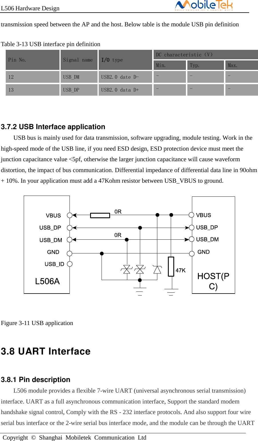 L506 Hardware DesignCopyright  ©  Shanghai  Mobiletek  Communication  Ltd  transmission speed between the AP and the host. Below table is the module USB pin definition Table 3-13 USB interface pin definition Pin No. Signal name I/O type DC characteristic（V） Min. Typ. Max. 12 USB_DM USB2.0 date D- - - - 13 USB_DP USB2.0 data D+ - - - 3.7.2 USB Interface application USB bus is mainly used for data transmission, software upgrading, module testing. Work in the high-speed mode of the USB line, if you need ESD design, ESD protection device must meet the junction capacitance value &lt;5pf, otherwise the larger junction capacitance will cause waveform distortion, the impact of bus communication. Differential impedance of differential data line in 90ohm + 10%. In your application must add a 47Kohm resistor between USB_VBUS to ground. Figure 3-11 USB application 3.8 UART Interface 3.8.1 Pin description L506 module provides a flexible 7-wire UART (universal asynchronous serial transmission) interface. UART as a full asynchronous communication interface, Support the standard modem handshake signal control, Comply with the RS - 232 interface protocols. And also support four wire serial bus interface or the 2-wire serial bus interface mode, and the module can be through the UART L506A HOST(PC)USB_DPUSB_DMVBUSGNDUSB_IDVBUSUSB_DPUSB_DMGND0R47K0R