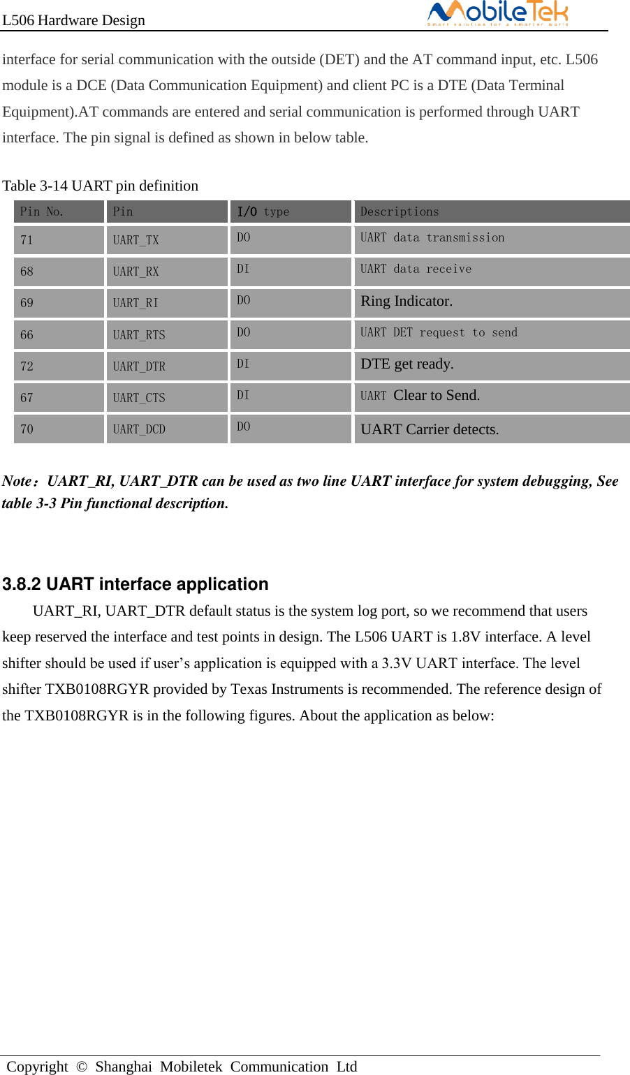 L506 Hardware DesignCopyright  ©  Shanghai  Mobiletek  Communication  Ltdinterface for serial communication with the outside (DET) and the AT command input, etc. L506 module is a DCE (Data Communication Equipment) and client PC is a DTE (Data Terminal Equipment).AT commands are entered and serial communication is performed through UART interface. The pin signal is defined as shown in below table. Table 3-14 UART pin definition Pin No. Pin I/O type Descriptions 71 UART_TX DO UART data transmission 68 UART_RX DI UART data receive 69 UART_RI DO Ring Indicator. 66 UART_RTS DO UART DET request to send 72 UART_DTR DI DTE get ready. 67 UART_CTS DI UART Clear to Send. 70 UART_DCD DO UART Carrier detects. Note：UART_RI, UART_DTR can be used as two line UART interface for system debugging, See table 3-3 Pin functional description. 3.8.2 UART interface application UART_RI, UART_DTR default status is the system log port, so we recommend that users keep reserved the interface and test points in design. The L506 UART is 1.8V interface. A level shifter should be used if user’s application is equipped with a 3.3V UART interface. The level shifter TXB0108RGYR provided by Texas Instruments is recommended. The reference design of the TXB0108RGYR is in the following figures. About the application as below: 