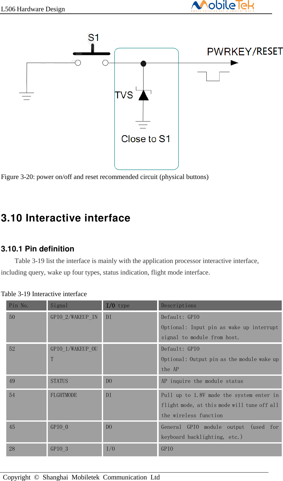 L506 Hardware DesignCopyright  ©  Shanghai  Mobiletek  Communication  LtdFigure 3-20: power on/off and reset recommended circuit (physical buttons) 3.10 Interactive interface 3.10.1 Pin definition Table 3-19 list the interface is mainly with the application processor interactive interface, including query, wake up four types, status indication, flight mode interface.   Table 3-19 Interactive interface Pin No. Signal I/O type Descriptions 50 GPIO_2/WAKEUP_IN DI Default: GPIO Optional: Input pin as wake up interrupt signal to module from host. 52 GPIO_1/WAKEUP_OUT Default: GPIO Optional: Output pin as the module wake up the AP 49 STATUS DO AP inquire the module status 54 FLGHTMODE DI Pull up to 1.8V made the system enter in flight mode, at this mode will tune off all the wireless function 45 GPIO_0 DO General  GPIO  module  output  (used  for keyboard backlighting, etc.) 28 GPIO_3 I/O GPIO 