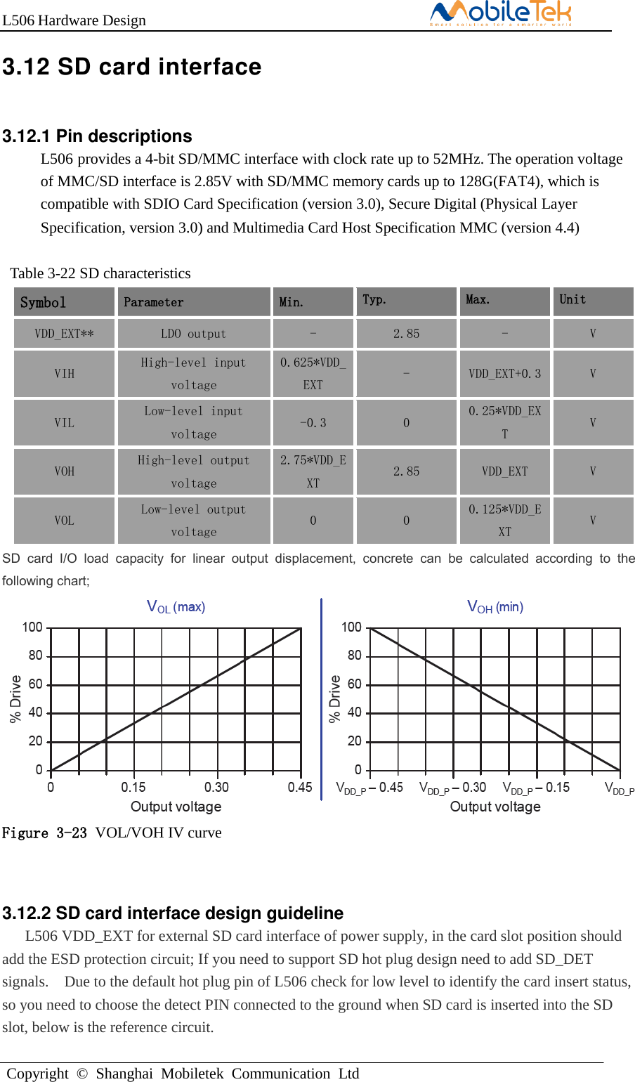 L506 Hardware DesignCopyright  ©  Shanghai  Mobiletek  Communication  Ltd3.12 SD card interface 3.12.1 Pin descriptions L506 provides a 4-bit SD/MMC interface with clock rate up to 52MHz. The operation voltage of MMC/SD interface is 2.85V with SD/MMC memory cards up to 128G(FAT4), which is compatible with SDIO Card Specification (version 3.0), Secure Digital (Physical Layer Specification, version 3.0) and Multimedia Card Host Specification MMC (version 4.4)  Table 3-22 SD characteristics Symbol Parameter Min. Typ. Max. Unit VDD_EXT** LDO output - 2.85 - V VIH High-level input voltage 0.625*VDD_EXT - VDD_EXT+0.3 V VIL Low-level input voltage -0.3 0 0.25*VDD_EXT V VOH High-level output voltage 2.75*VDD_EXT 2.85 VDD_EXT V VOL Low-level output voltage 0 0 0.125*VDD_EXT V SD  card  I/O  load  capacity  for  linear  output  displacement,  concrete  can  be  calculated  according  to  the following chart; Figure 3-23 VOL/VOH IV curve 3.12.2 SD card interface design guideline L506 VDD_EXT for external SD card interface of power supply, in the card slot position should add the ESD protection circuit; If you need to support SD hot plug design need to add SD_DET signals.   Due to the default hot plug pin of L506 check for low level to identify the card insert status, so you need to choose the detect PIN connected to the ground when SD card is inserted into the SD slot, below is the reference circuit. 