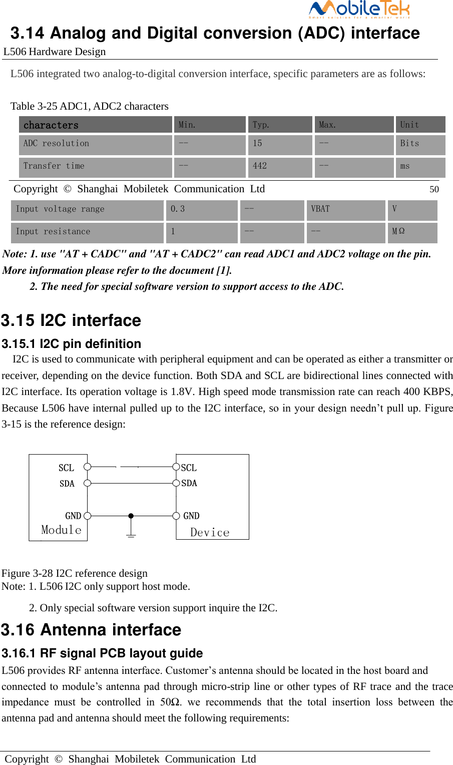 L506 Hardware DesignCopyright  ©  Shanghai  Mobiletek  Communication  LtdInput voltage range  0.3 --  VBAT  V Input resistance  1  --  --  MΩ Note: 1. use &quot;AT + CADC&quot; and &quot;AT + CADC2&quot; can read ADC1 and ADC2 voltage on the pin. More information please refer to the document [1]. 2. The need for special software version to support access to the ADC.3.15 I2C interface3.15.1 I2C pin definition  I2C is used to communicate with peripheral equipment and can be operated as either a transmitter or receiver, depending on the device function. Both SDA and SCL are bidirectional lines connected with I2C interface. Its operation voltage is 1.8V. High speed mode transmission rate can reach 400 KBPS, Because L506 have internal pulled up to the I2C interface, so in your design needn’t pull up. Figure 3-15 is the reference design: Figure 3-28 I2C reference design Note: 1. L506 I2C only support host mode. 2. Only special software version support inquire the I2C.3.16 Antenna interface3.16.1 RF signal PCB layout guideL506 provides RF antenna interface. Customer’s antenna should be located in the host board and connected to module’s antenna pad through micro-strip line or other types of RF trace and the trace impedance must be controlled in 50Ω. we recommends that the total insertion loss between the antenna pad and antenna should meet the following requirements: Copyright  ©  Shanghai  Mobiletek  Communication  Ltd 50 3.14 Analog and Digital conversion (ADC) interfaceL506 integrated two analog-to-digital conversion interface, specific parameters are as follows: Table 3-25 ADC1, ADC2 characters characters  Min.  Typ.  Max.  Unit ADC resolution  -- 15  --  Bits Transfer time -- 442  --  ms 