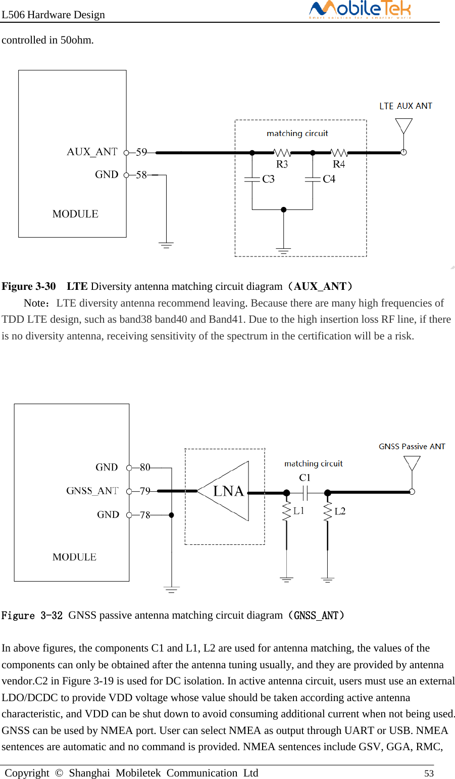 L506 Hardware DesignCopyright  ©  Shanghai  Mobiletek  Communication  Ltd 53 controlled in 50ohm. Figure 3-30    LTE Diversity antenna matching circuit diagram（AUX_ANT） Note：LTE diversity antenna recommend leaving. Because there are many high frequencies of TDD LTE design, such as band38 band40 and Band41. Due to the high insertion loss RF line, if there is no diversity antenna, receiving sensitivity of the spectrum in the certification will be a risk. Figure 3-32 GNSS passive antenna matching circuit diagram（GNSS_ANT） In above figures, the components C1 and L1, L2 are used for antenna matching, the values of the components can only be obtained after the antenna tuning usually, and they are provided by antenna vendor.C2 in Figure 3-19 is used for DC isolation. In active antenna circuit, users must use an external LDO/DCDC to provide VDD voltage whose value should be taken according active antenna characteristic, and VDD can be shut down to avoid consuming additional current when not being used. GNSS can be used by NMEA port. User can select NMEA as output through UART or USB. NMEA sentences are automatic and no command is provided. NMEA sentences include GSV, GGA, RMC, 