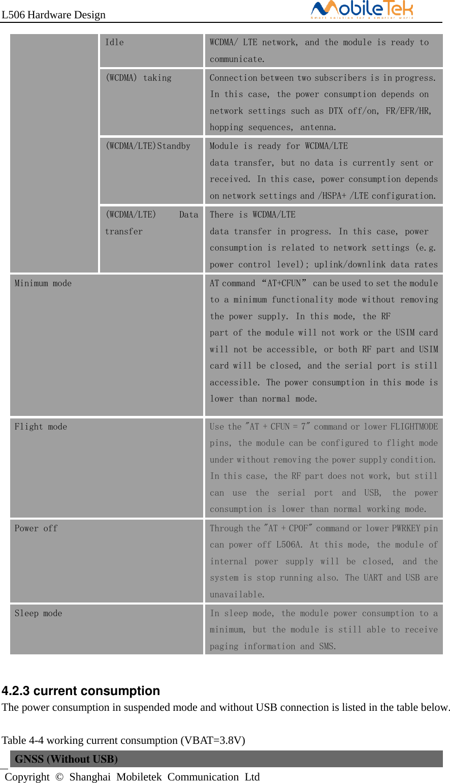 L506 Hardware DesignCopyright  ©  Shanghai  Mobiletek  Communication  LtdIdle WCDMA/ LTE network, and the module is ready to communicate. (WCDMA) taking Connection between two subscribers is in progress. In this case, the power consumption depends on network settings such as DTX off/on, FR/EFR/HR, hopping sequences, antenna. (WCDMA/LTE)Standby Module is ready for WCDMA/LTE data transfer, but no data is currently sent or received. In this case, power consumption depends on network settings and /HSPA+ /LTE configuration. (WCDMA/LTE)  Data transfer There is WCDMA/LTE data transfer in progress. In this case, power consumption is related to network settings (e.g. power control level); uplink/downlink data rates Minimum mode AT command “AT+CFUN” can be used to set the module to a minimum functionality mode without removing the power supply. In this mode, the RF part of the module will not work or the USIM card will not be accessible, or both RF part and USIM card will be closed, and the serial port is still accessible. The power consumption in this mode is lower than normal mode. Flight mode Use the &quot;AT + CFUN = 7&quot; command or lower FLIGHTMODE pins, the module can be configured to flight mode under without removing the power supply condition. In this case, the RF part does not work, but still can  use  the  serial  port  and  USB,  the  power consumption is lower than normal working mode. Power off Through the &quot;AT + CPOF&quot; command or lower PWRKEY pin can power off L506A. At this mode, the module of internal  power  supply  will  be  closed,  and  the system is stop running also. The UART and USB are unavailable. Sleep mode In sleep mode, the module power consumption to a minimum, but the module is still able to receive paging information and SMS.  4.2.3 current consumption The power consumption in suspended mode and without USB connection is listed in the table below. Table 4-4 working current consumption (VBAT=3.8V) GNSS (Without USB) 